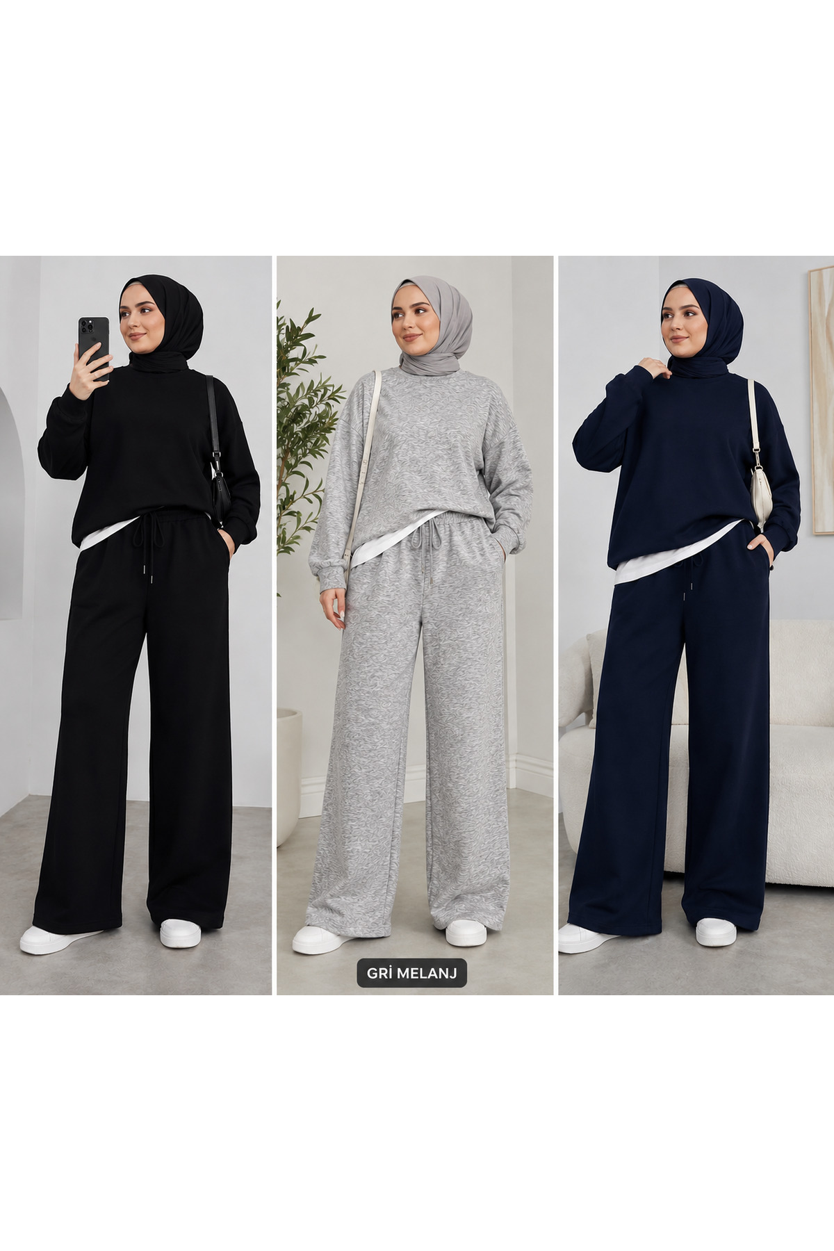 modlux 3 (Adet) Kadın Siyah Gri Lacivert Geniş Paça Eşofman Altı