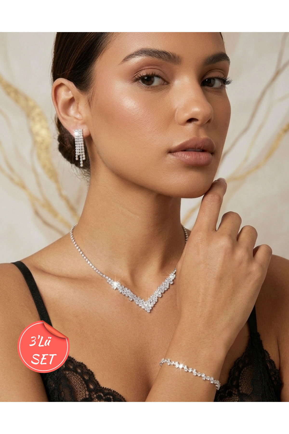 Gümüş Kaplama Elif Model Taşlı Su Yolu 3' lü Set Choker Kolye, Bileklik ve Küpe Taşlı Set
