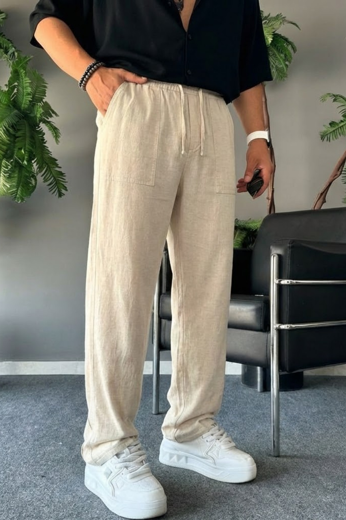 COMBİNE MİCHAİL Erkek Beli Lastikli 3 Lü Keten Pantolon görsel 2