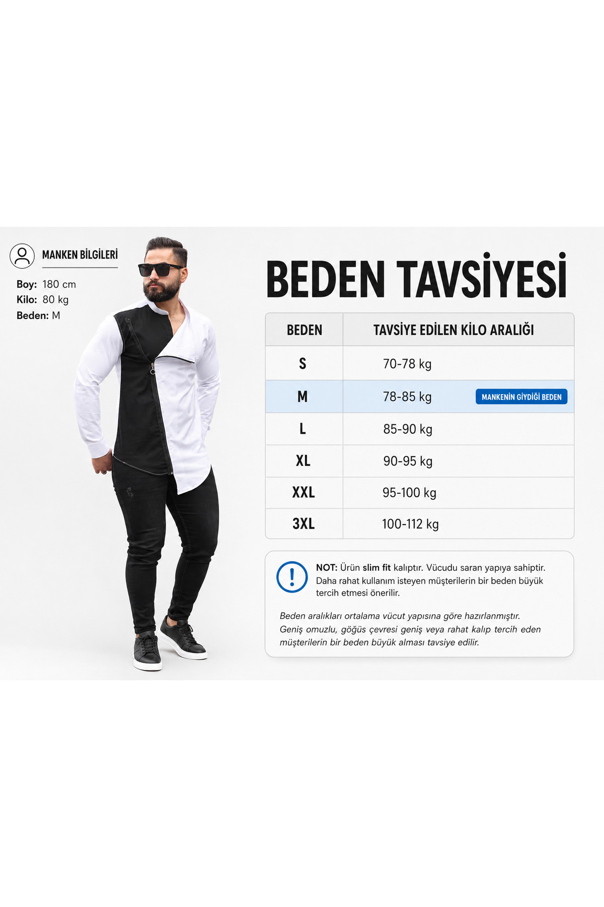 Çift Renk Asimetrik Fermuarlı Erkek Slim Fit Gömlek — سفید BAYIM ÇİFT RENK ASİMETİK FERMUARLI — تصویر 3 از 5