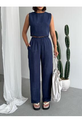 CrepTekstil Crep Kadın Keten Dokulu Takım – Kolsuz Bluz Ve Beli Lastikli Pant...
