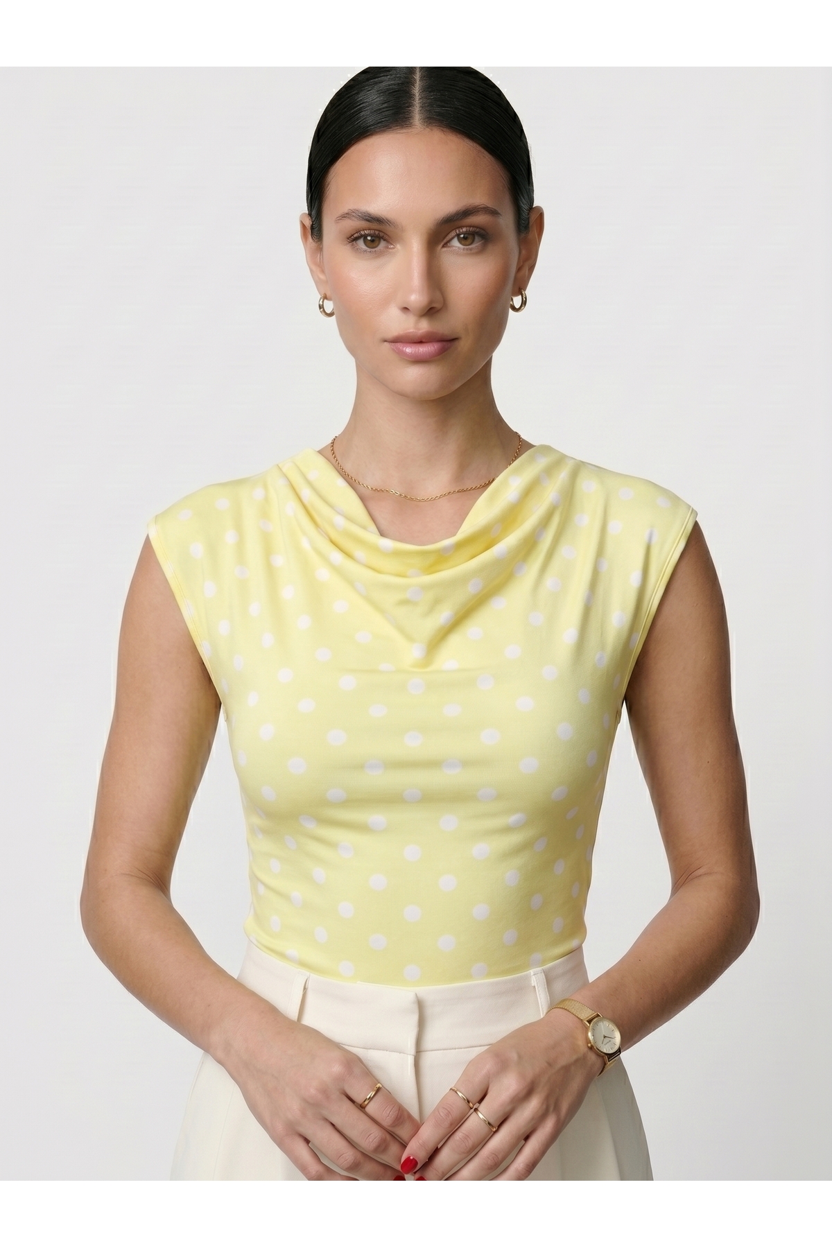 Kadın Degaje Yaka Puantiyeli Çıtçıtlı Body Likralı Bodysuit - Sarı 2