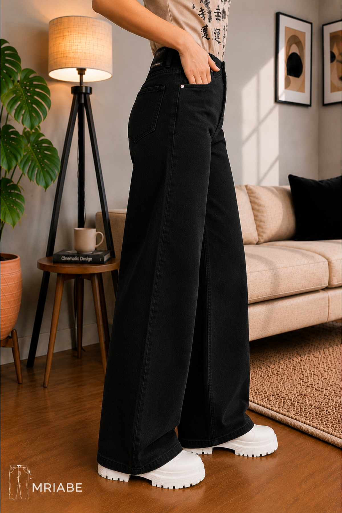 MRİABE SimSiyah Yüksek Bel Kadın Palazzo Kot Pantolon, Esnek Denim Kumaş, Düz Bol Paça,Modern Jean görsel 4