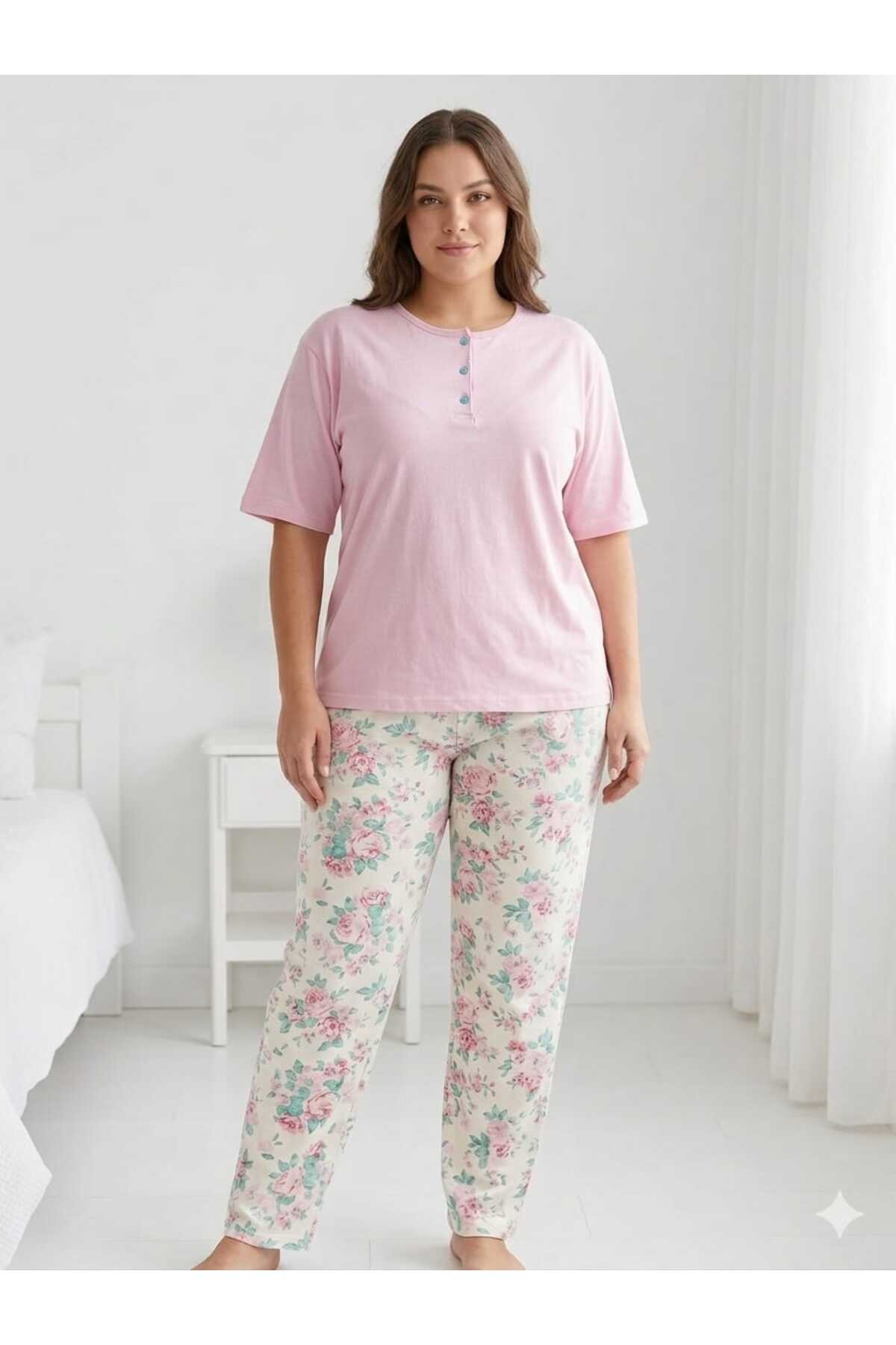 Sude HOMEWEAR Kadın Kısa Kol Çiçek Desenli Büyük Beden Pijama Takımı görsel 2
