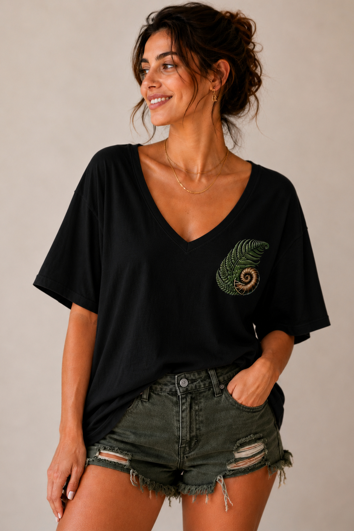 ArtYus Yaprak ve Salyangoz Baskılı V Yaka Salaş Unisex Oversize Tişört - Pamuklu Günlük T-Shirt