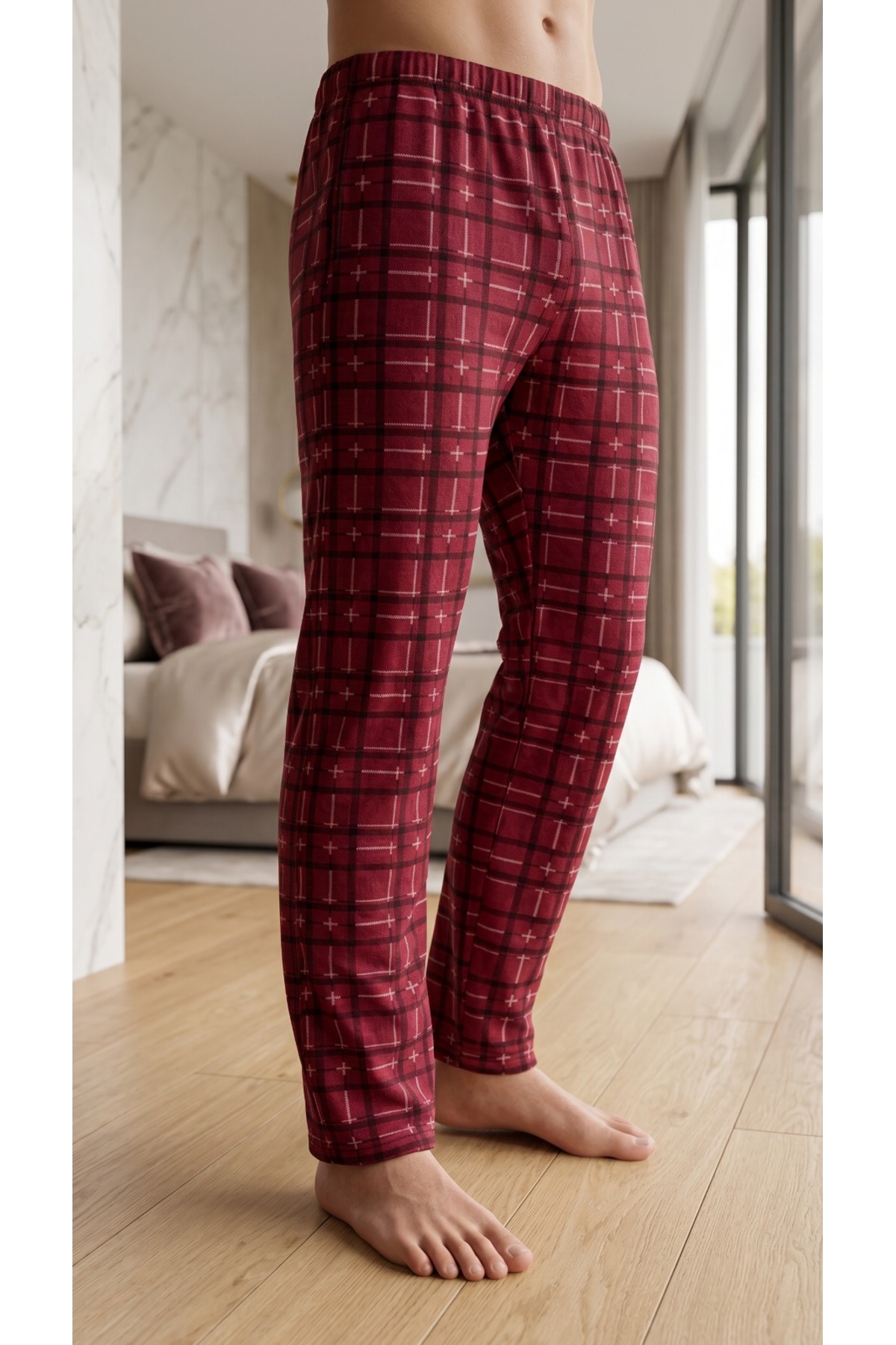 Sude HOMEWEAR Erkek Bordo Renk Ekose Desenli Alt Pijama