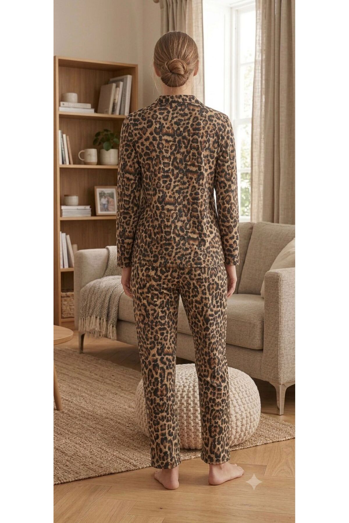 PİJAMOOD Kadın Pamuklu Leopar Desenli Beş Düğmeli Pijama Takımı görsel 3