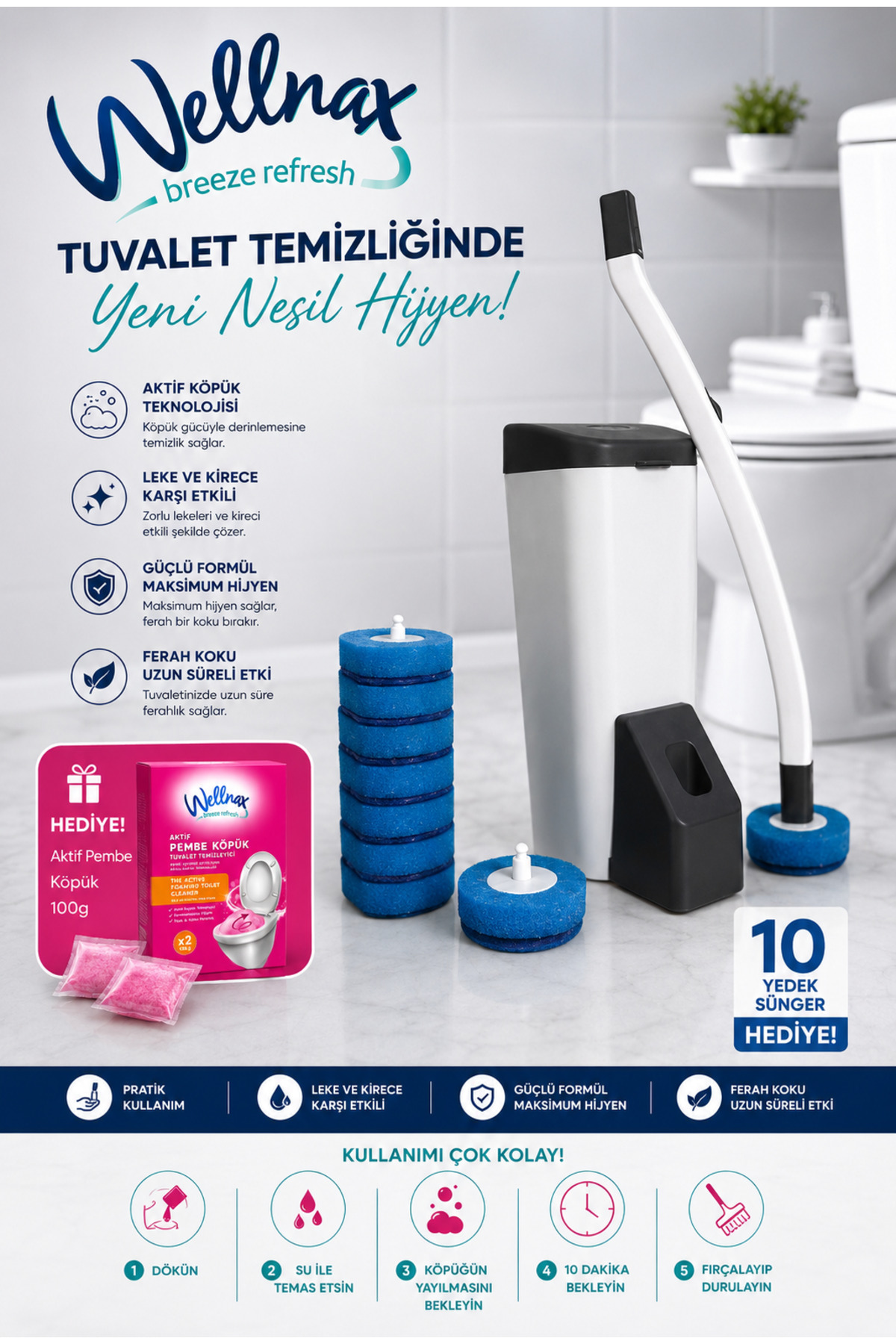 Wellnax breeze refresh Özel Tuvalet Temizlik Seti ve Kullan At 10