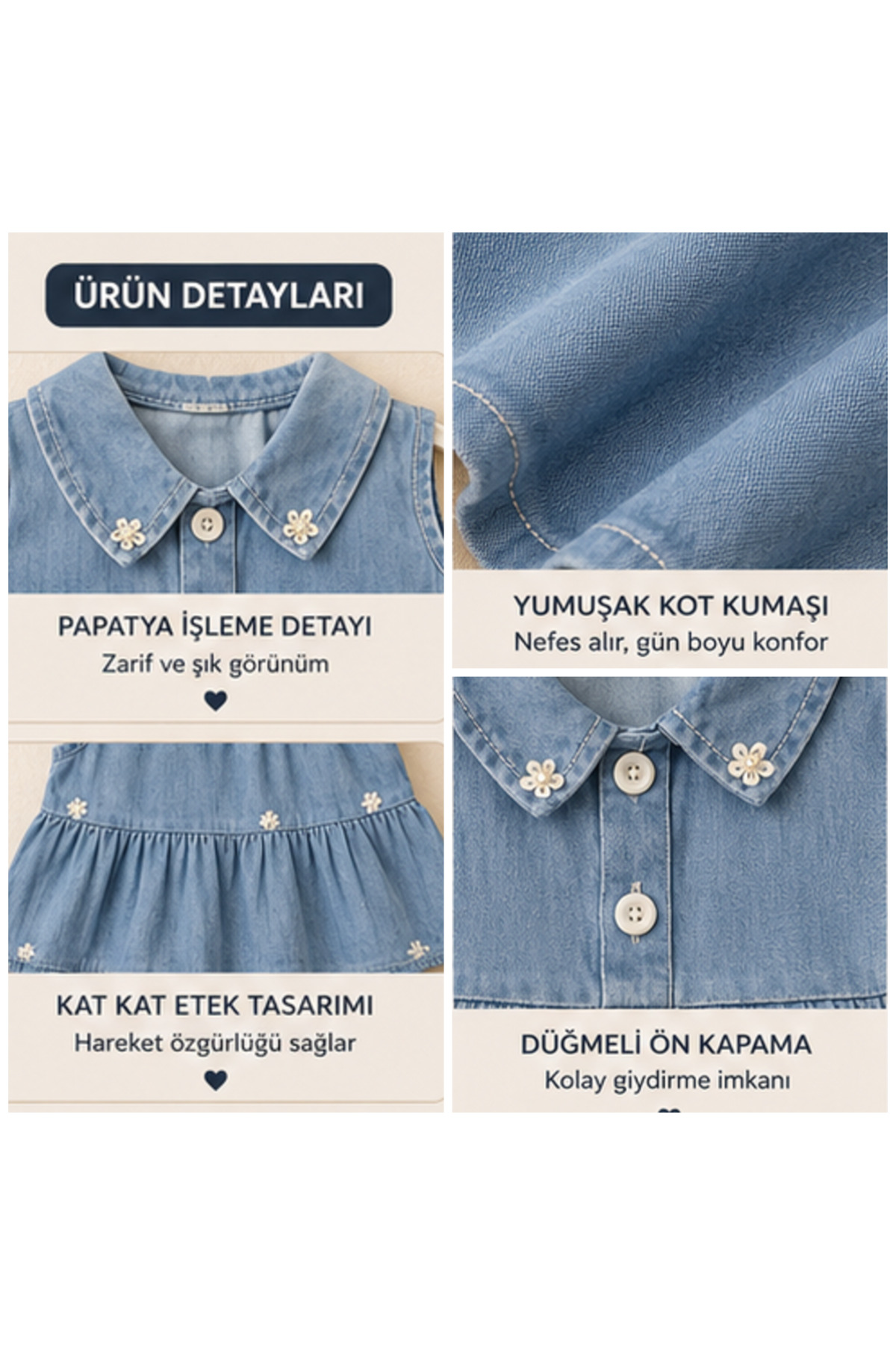 Kız Bebek Papatya İşlemeli Kot Elbise