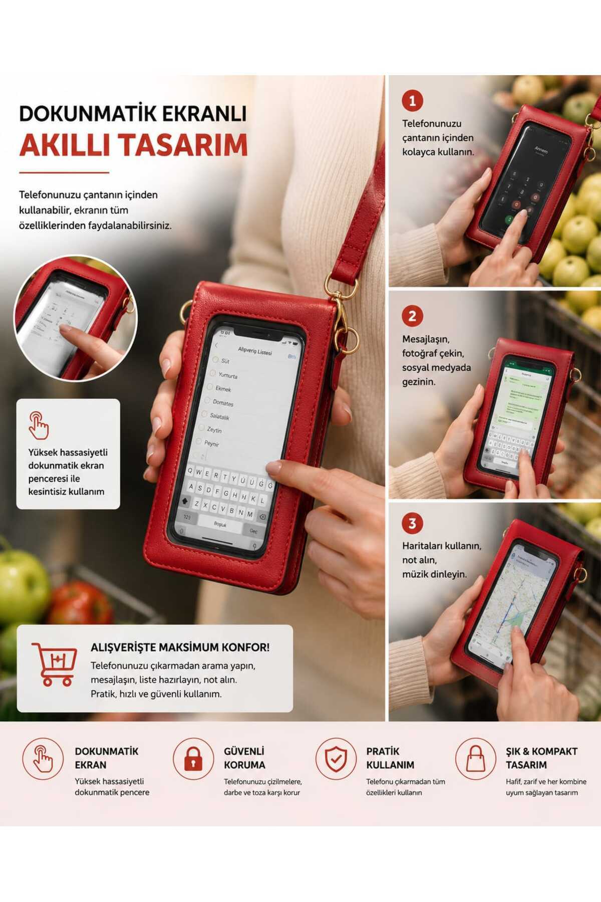VitaMood Yaşam Dokunmatik Ekran Telefon Çantası Kadın Omuz ,Çapraz, Askılı Kartlıklı Cüzdan Bölmeli Çanta görsel 5