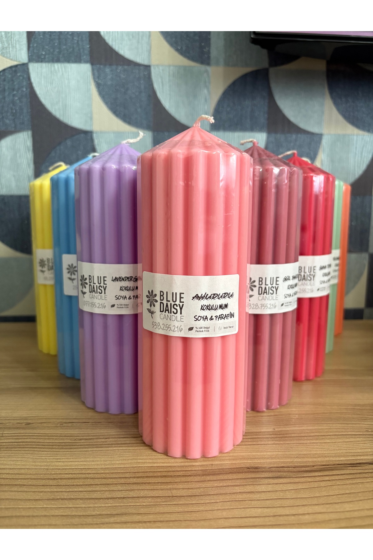 WAVY MILK CANDLE PINK COLOR RASPBERRY scented 1 candle , CYLINDER PILLAR CANDLE ,