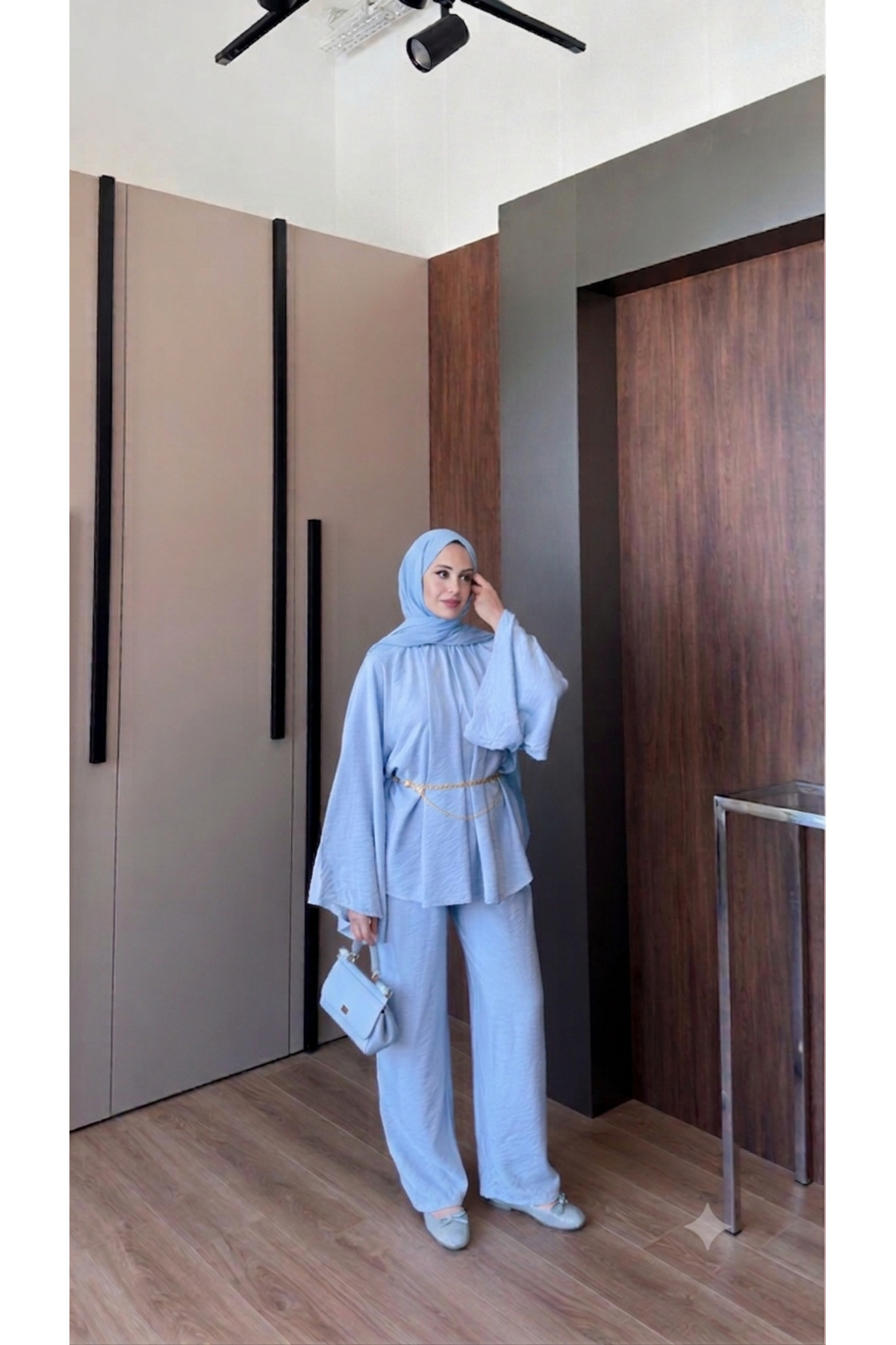 nurvina modest wear Oversized Spanish Style Drawstring Blouse with Belt Gift, Regular Pants Summer Set