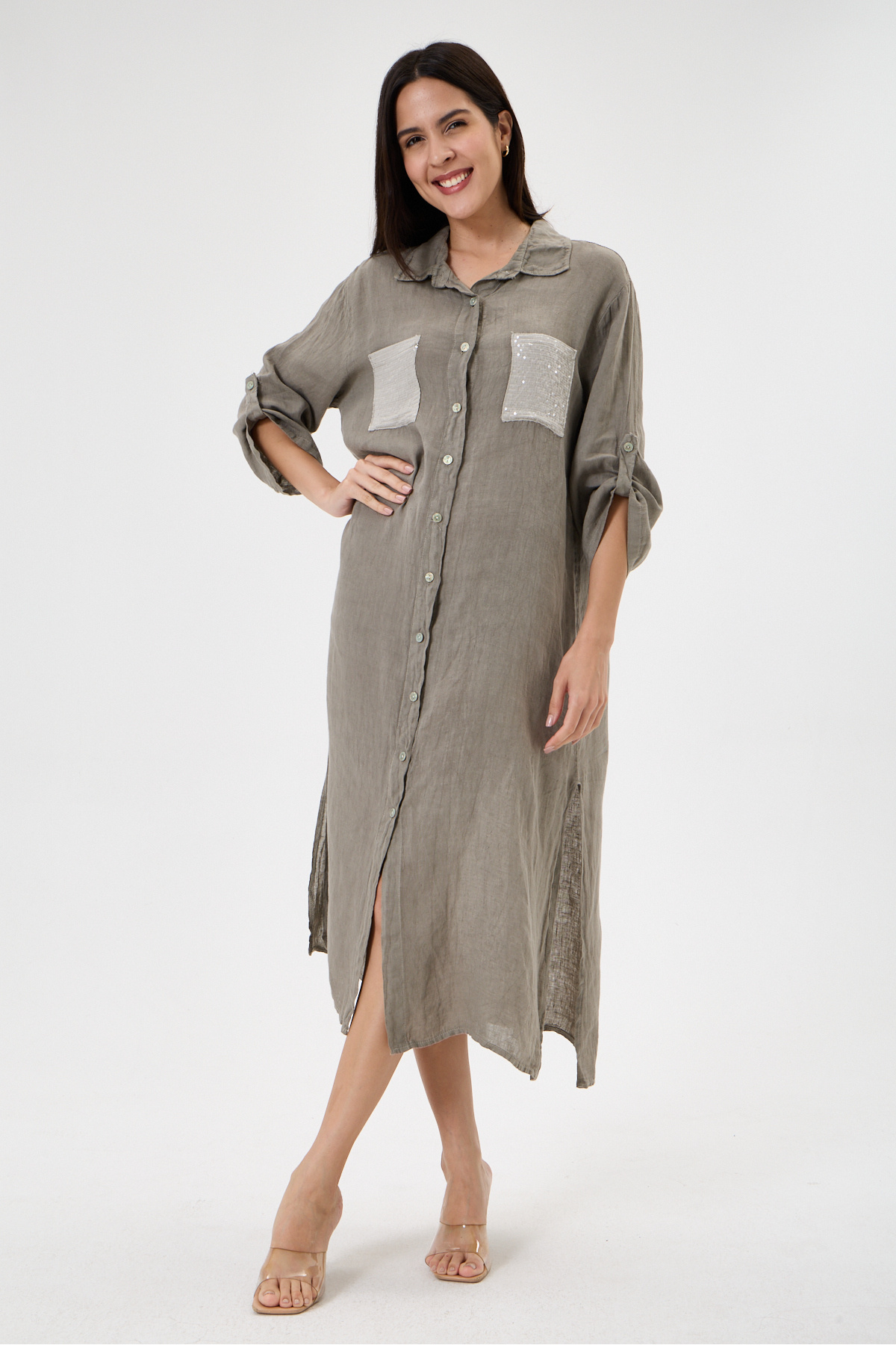 della moor Mink Italian 100% Linen Pocket and Back Sequined Foldable Short Sleeve Linen Shirt Dress Size 38 - 42