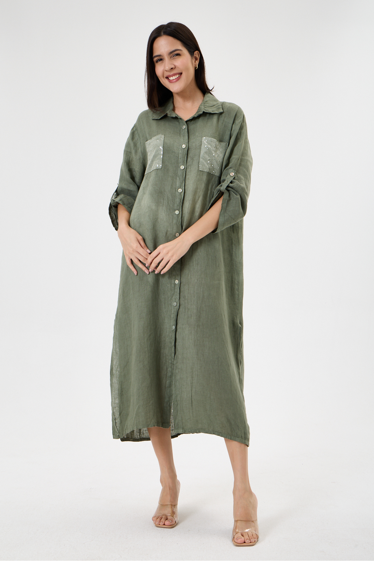 della moor Khaki Italian 100% Linen Folded Short Sleeve Linen Shirt Dress with Sequins on the Pocket and Back, Sizes 38 - 42