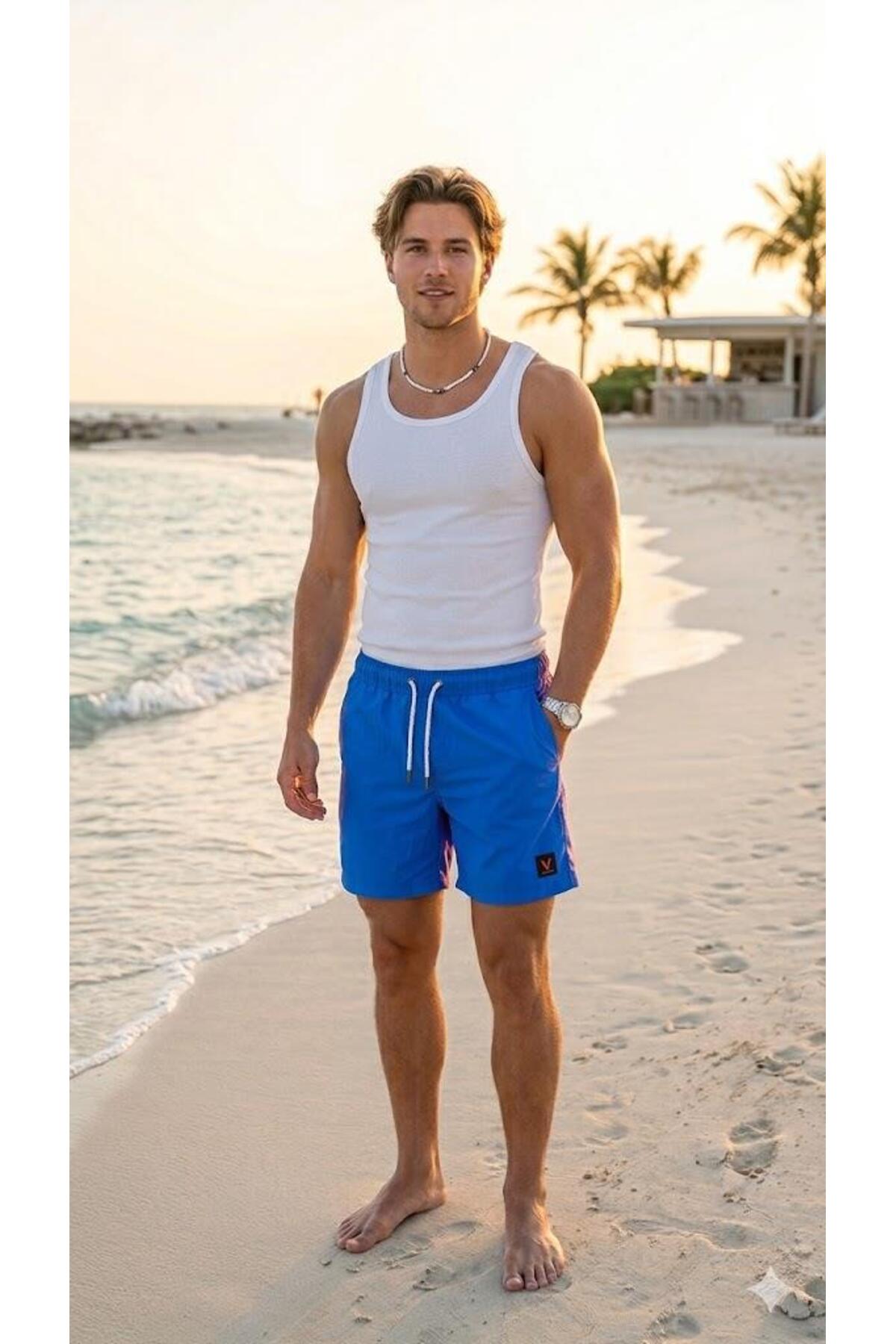 aykidsclup Men's Quick Dry Fabric Standard Length Swim Trunks with One Back Pocket 350-Blue