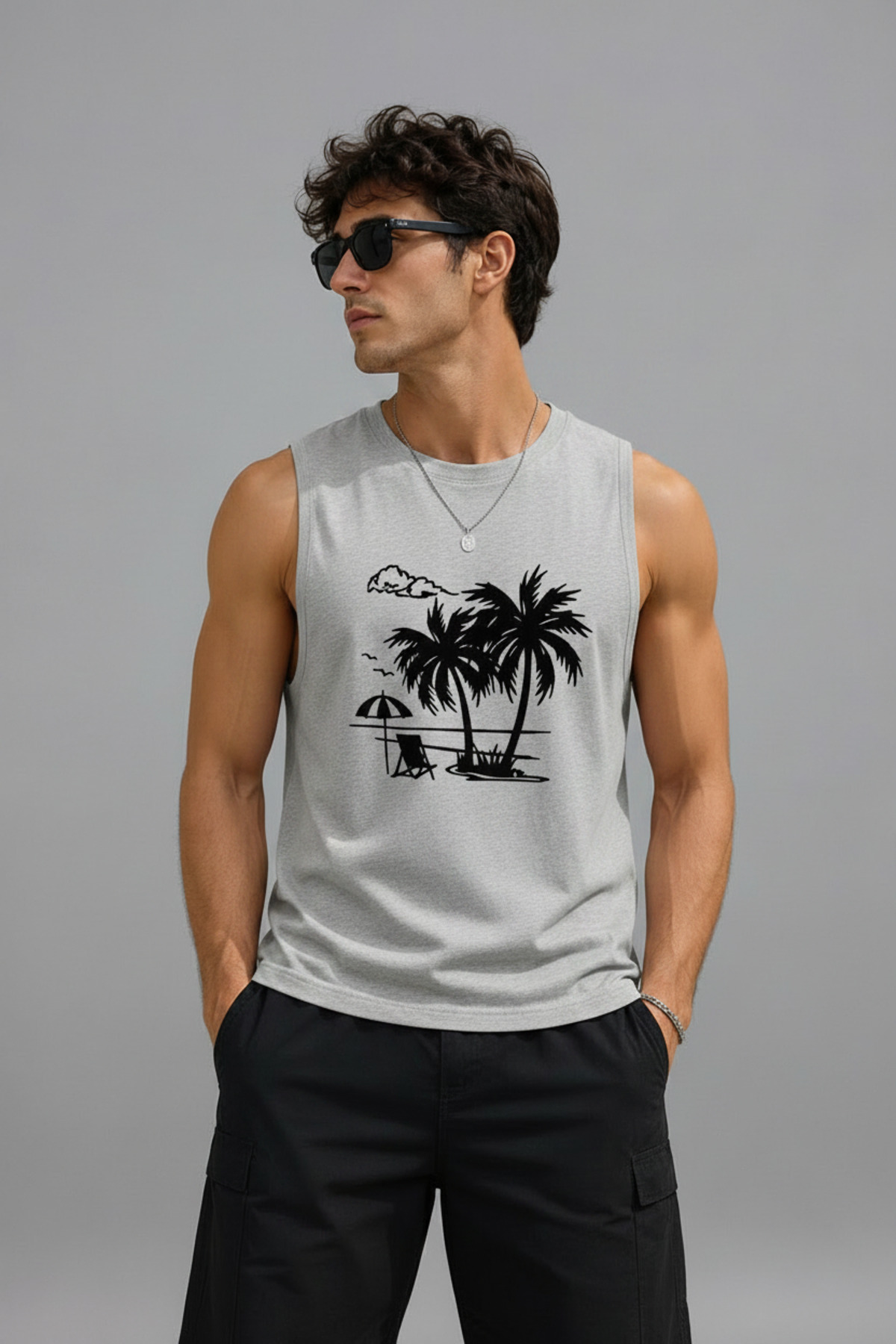 TREND EMMODA Men's Summer Themed Palm Tree and Sea Printed Zero Sleeve Round Neck Gray T-Shirt / Tshirt