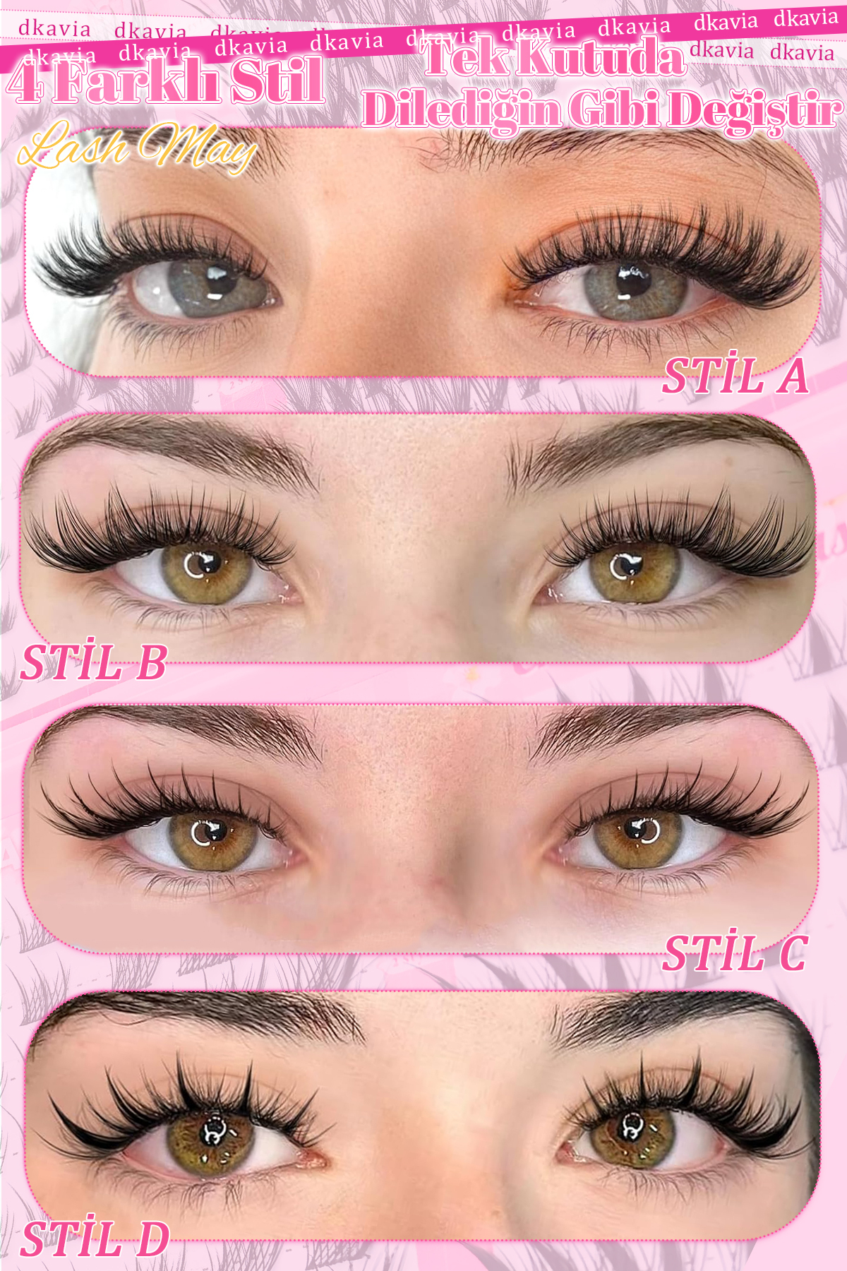 Takma Kirpik Seti 4 Farklı Stil Kirpik, Yapıştırıcı ve Sabitleyici, Cımbız ve Çift Taraflı Kirpik Fırçasıyla Cat Eye -Wispy Doll Eye- Manga- Natural — DK2605 — تصویر 5 از 5