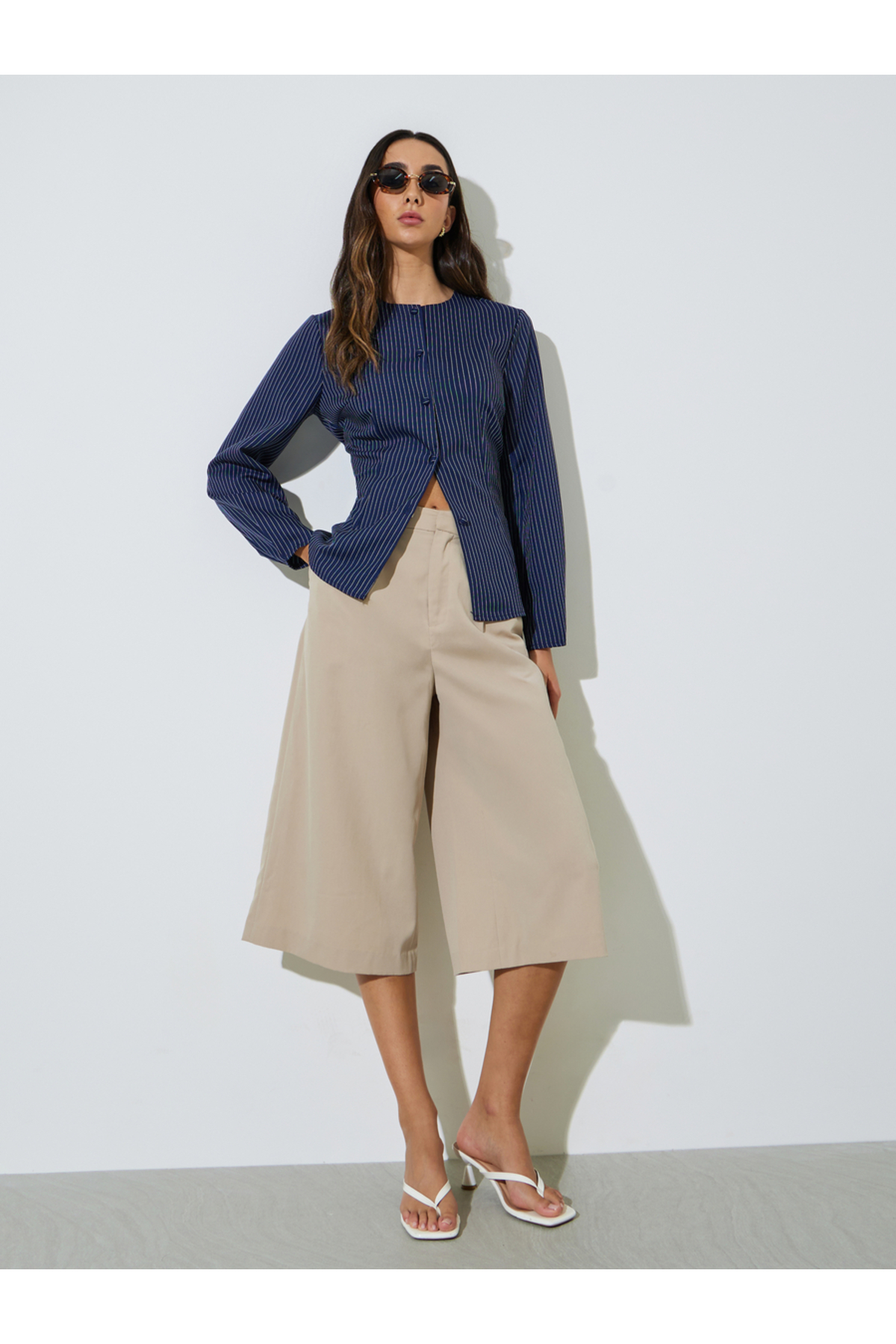 Styli Blue Striped Long Sleeve Blouse
