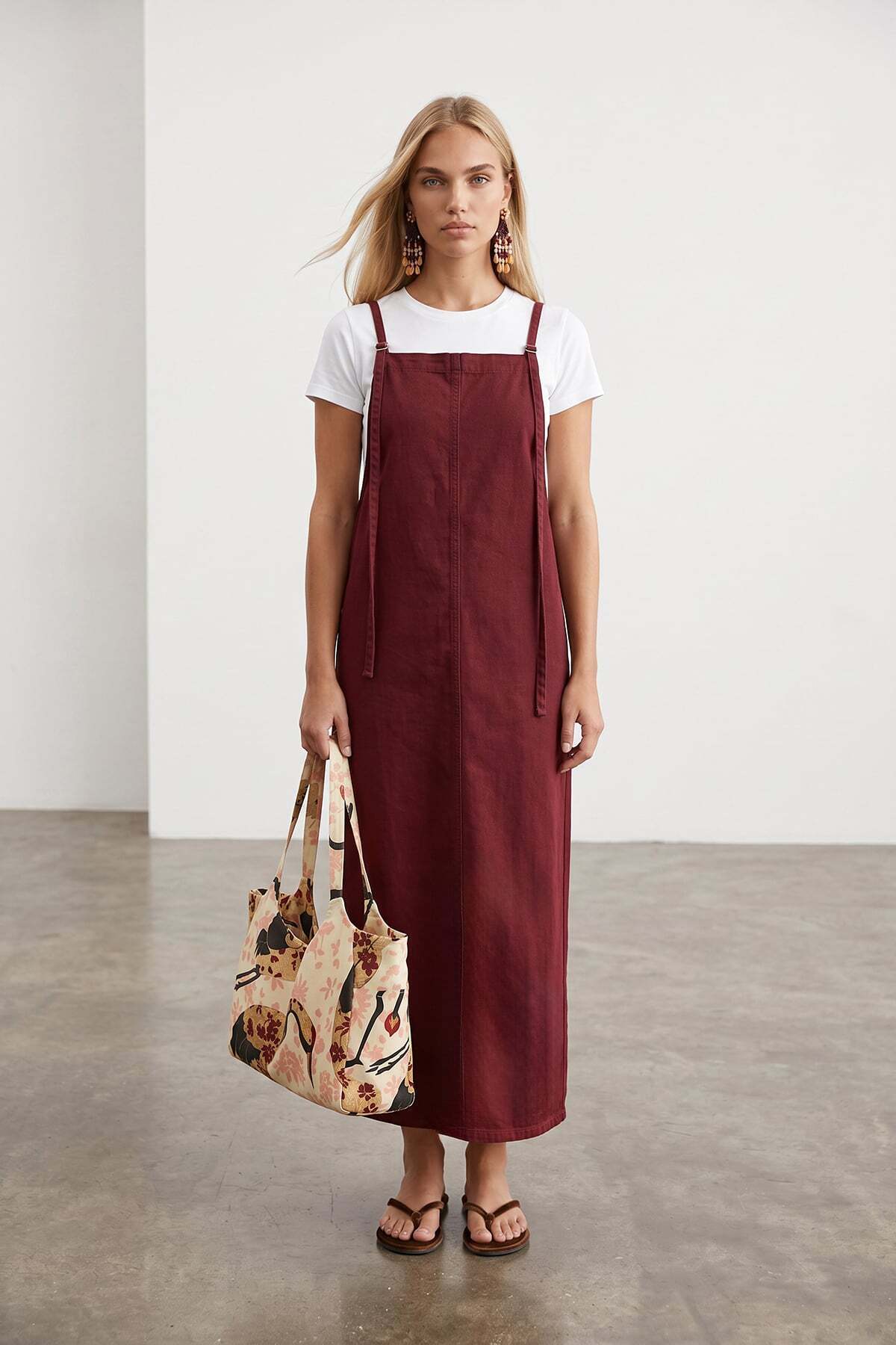 Women's Claret Red Adjustable Strap Long Jean Dress ALC-X15573