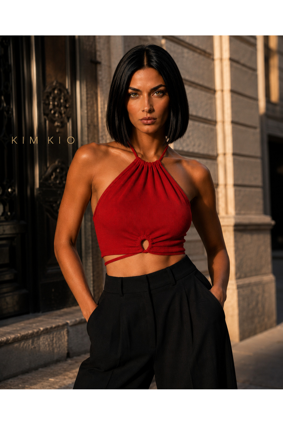 KİM Kİ O Kadın Halter Yaka Ön Halkalı Bağlamalı Kaşkorse Crop Top görsel 5