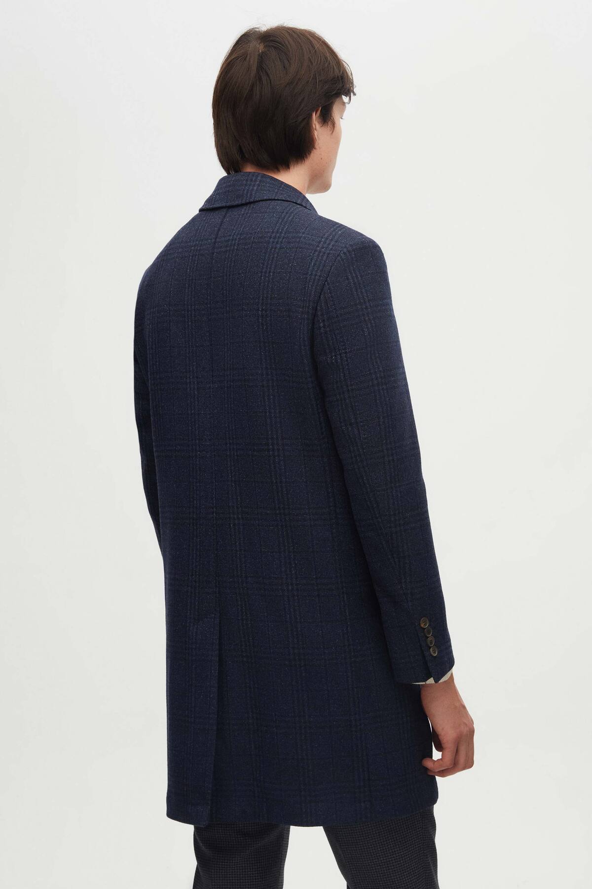 Damat Slim Fit Lacivert Ekose Yün Palto görsel 4