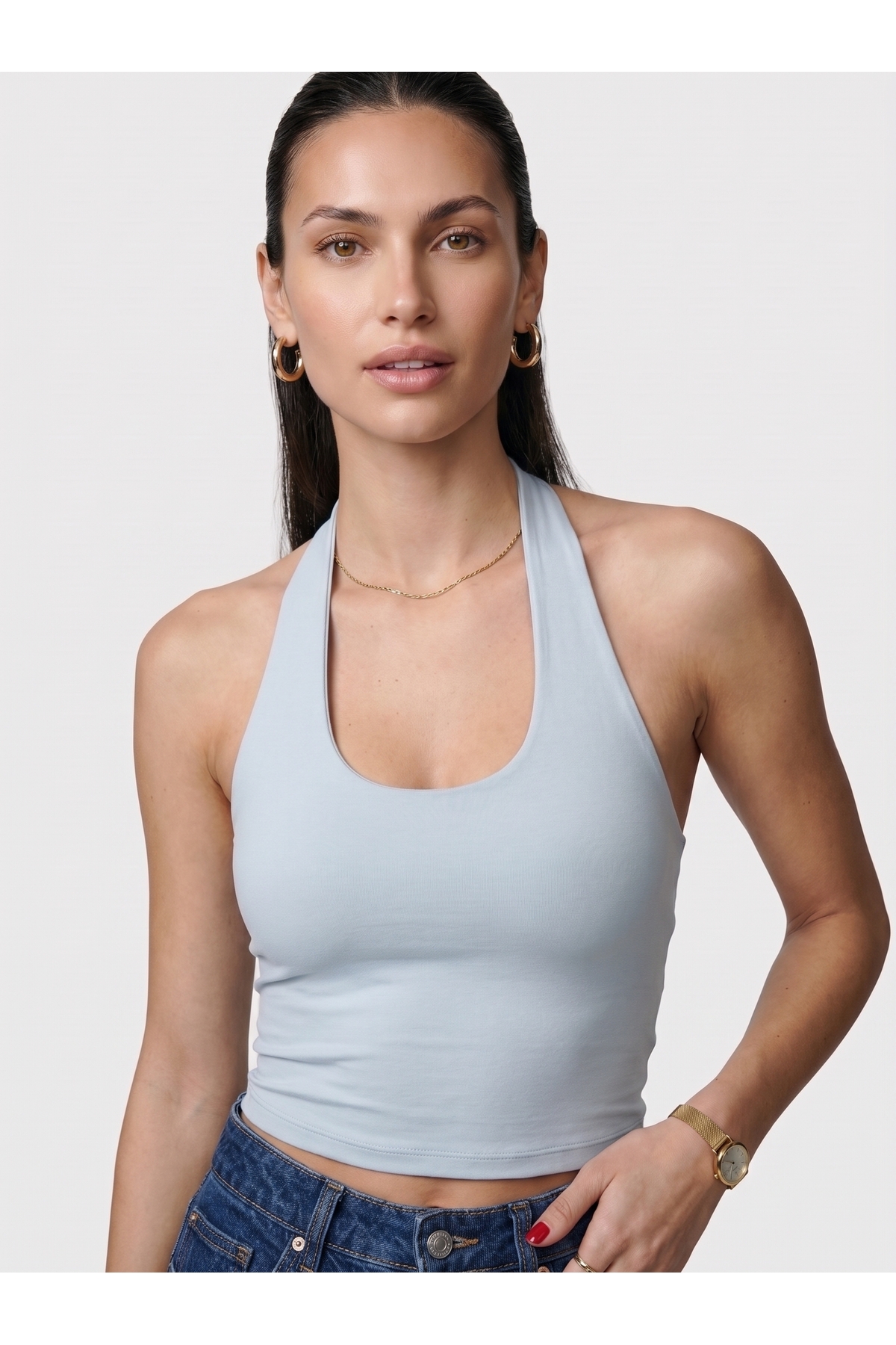 Kadın Halter Yaka Dar Kalıp Sırt Dekolteli Slim Fit Basic Body - Mavi 2