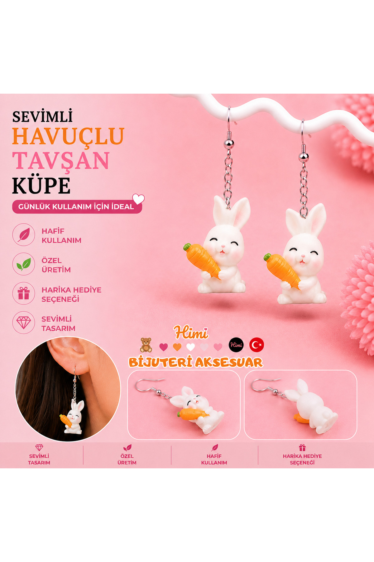Neşeli Havuçlu Tavşan Hayvan Figürlü Sallantılı Küpe Hafif Tasarım Günlük Kullanım Bijuteri Çocuk Küpesi