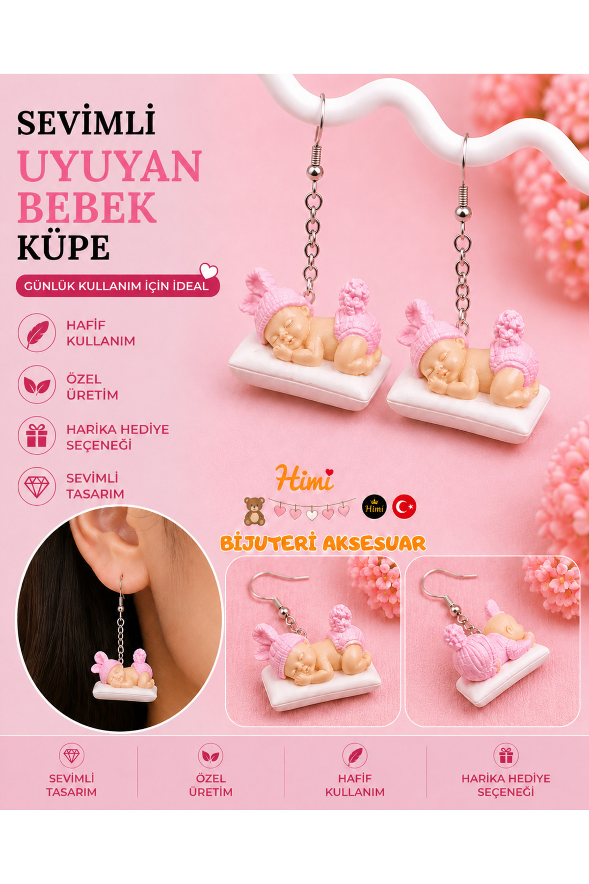 Sevimli Uyuyan Bebek Figürlü Sallantılı Küpe Hafif Tasarım Günlük Kullanım Bijuteri Çocuk Küpesi