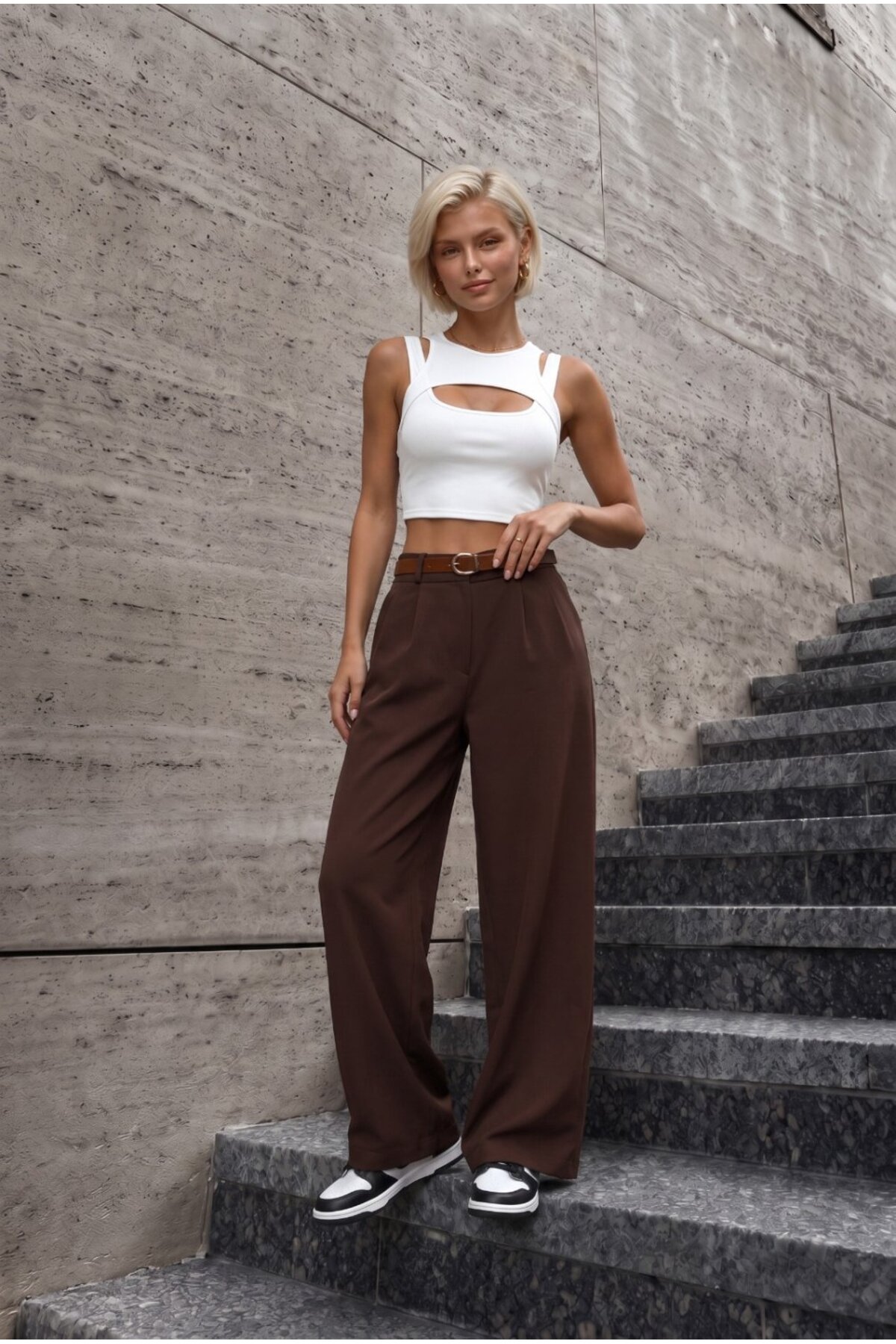 Kadın Kemerli Oversize Salaş Beli Lastikli Palazzo Pantolon KAHVE 5