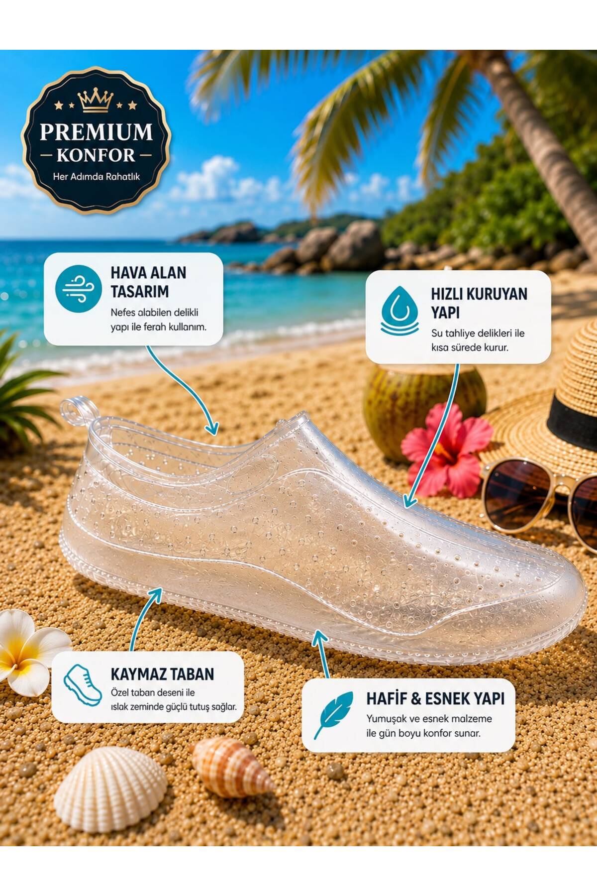 erfleks Unisex Şeffaf Esnek Deniz Ayakkabısı Kaymaz Taban Plaj Havuz Rafting Aqua Shoes