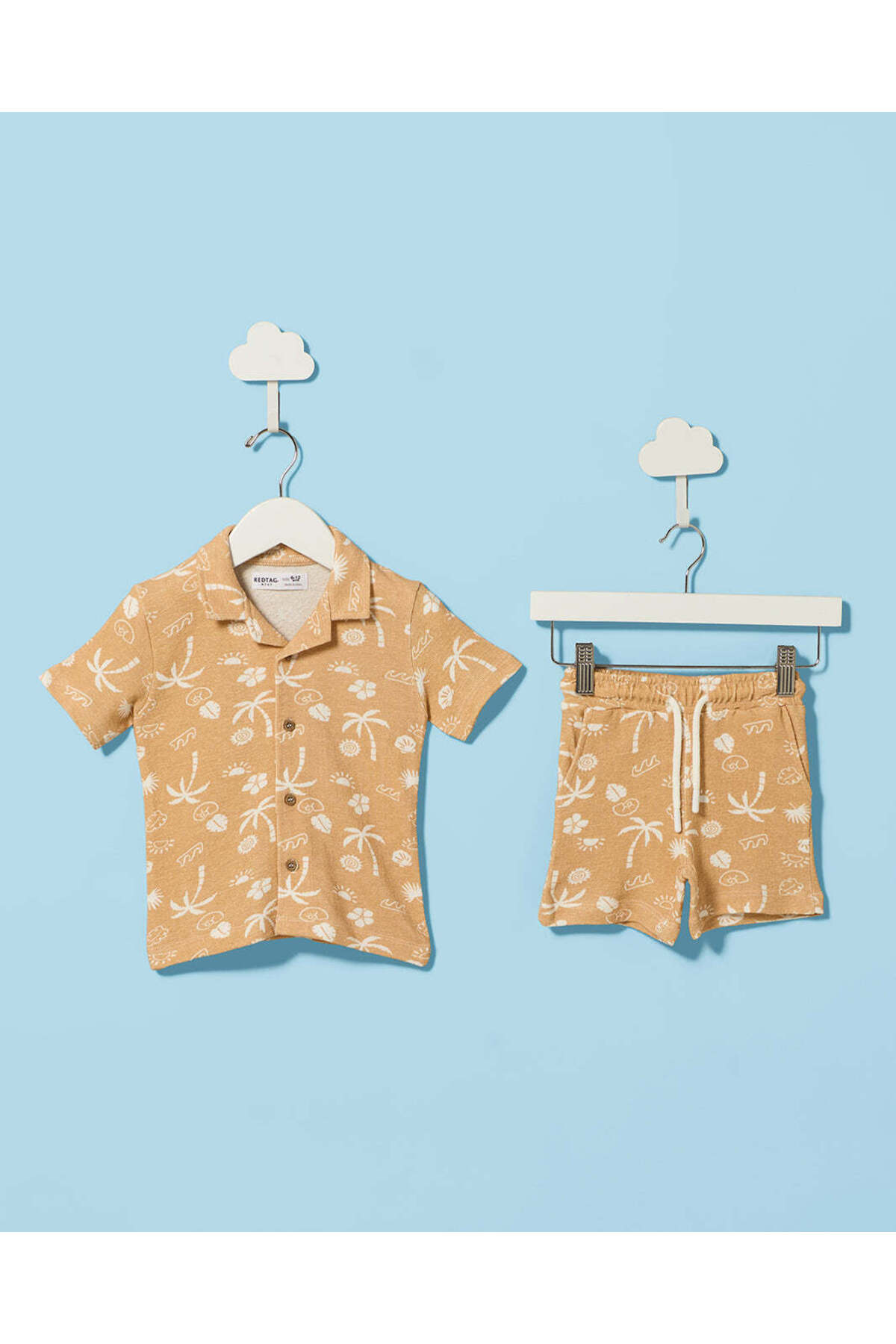 REDTAG Infant Boys Orange Printed Shirt And Shorts Set