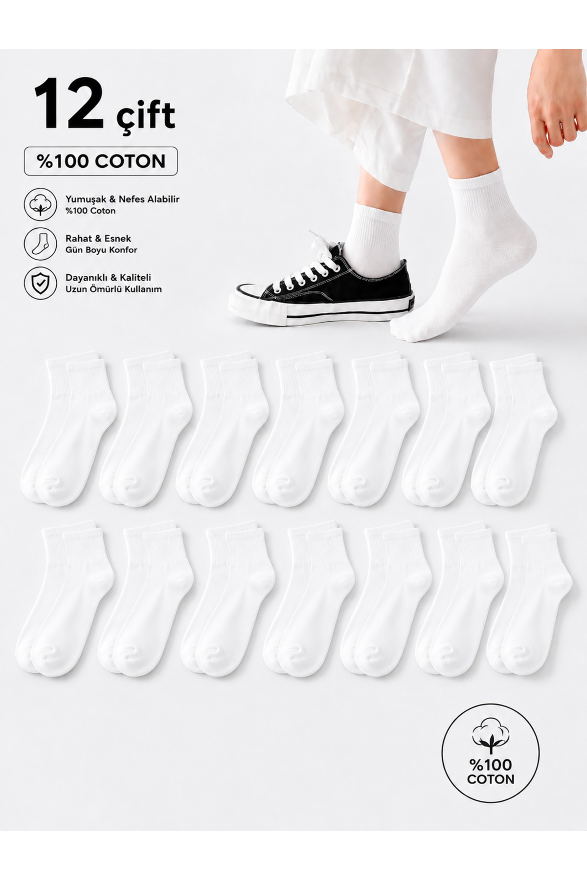 Bilal Çınar Tekstil %100 Pamuk Unisex Yarım Konç Fitilli Premium kalite Yazlık Terletmeyen Çorap 12 Çift