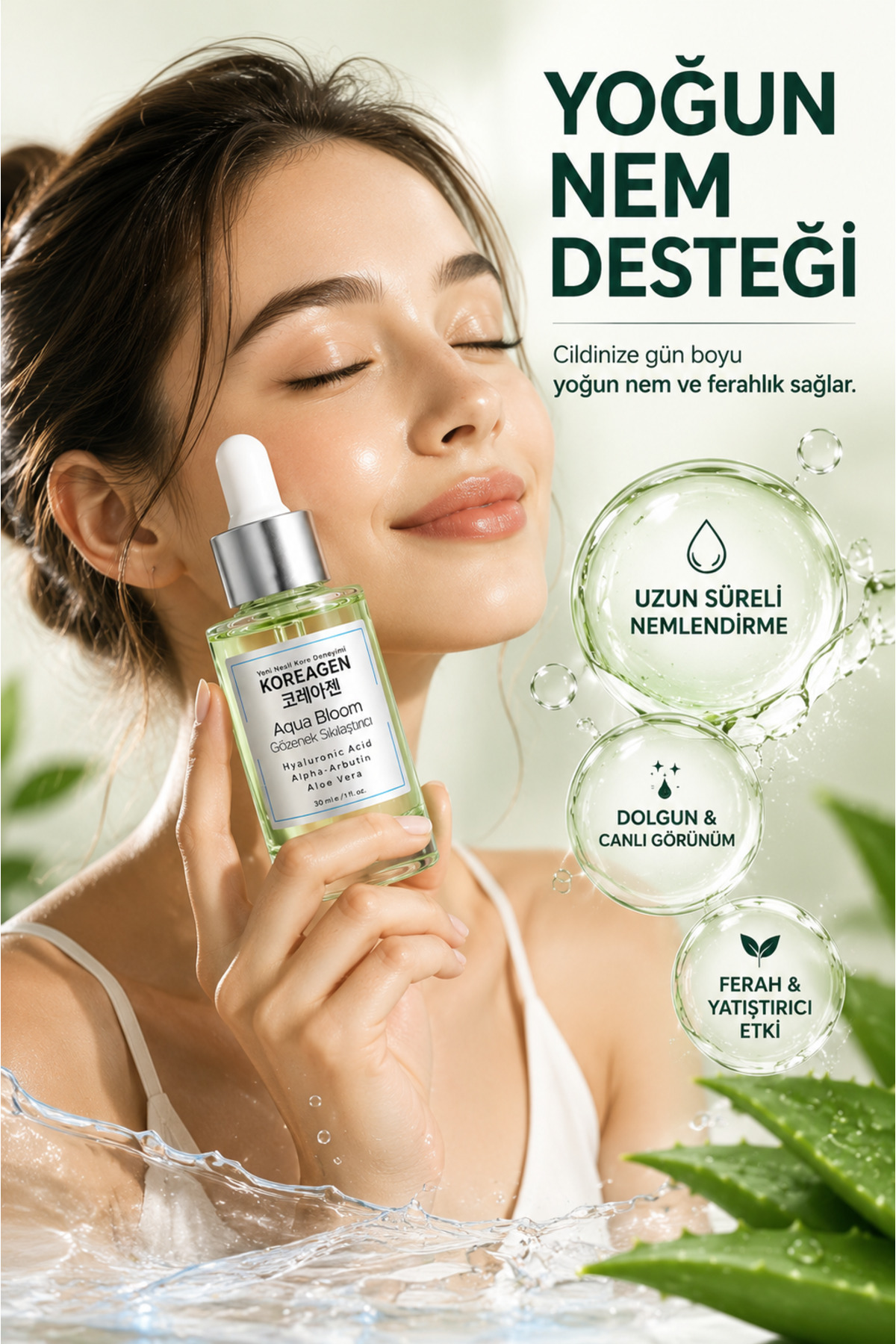 Aqua Bloom Gözenek Sıkılaştırıcı Serum Hyaluronik Asit Serum Alpha Arbutin Serum Cilt Tonu Eşitleyici Nemlendirici Yüz Serumu — Aqua-01 — تصویر 3 از 5
