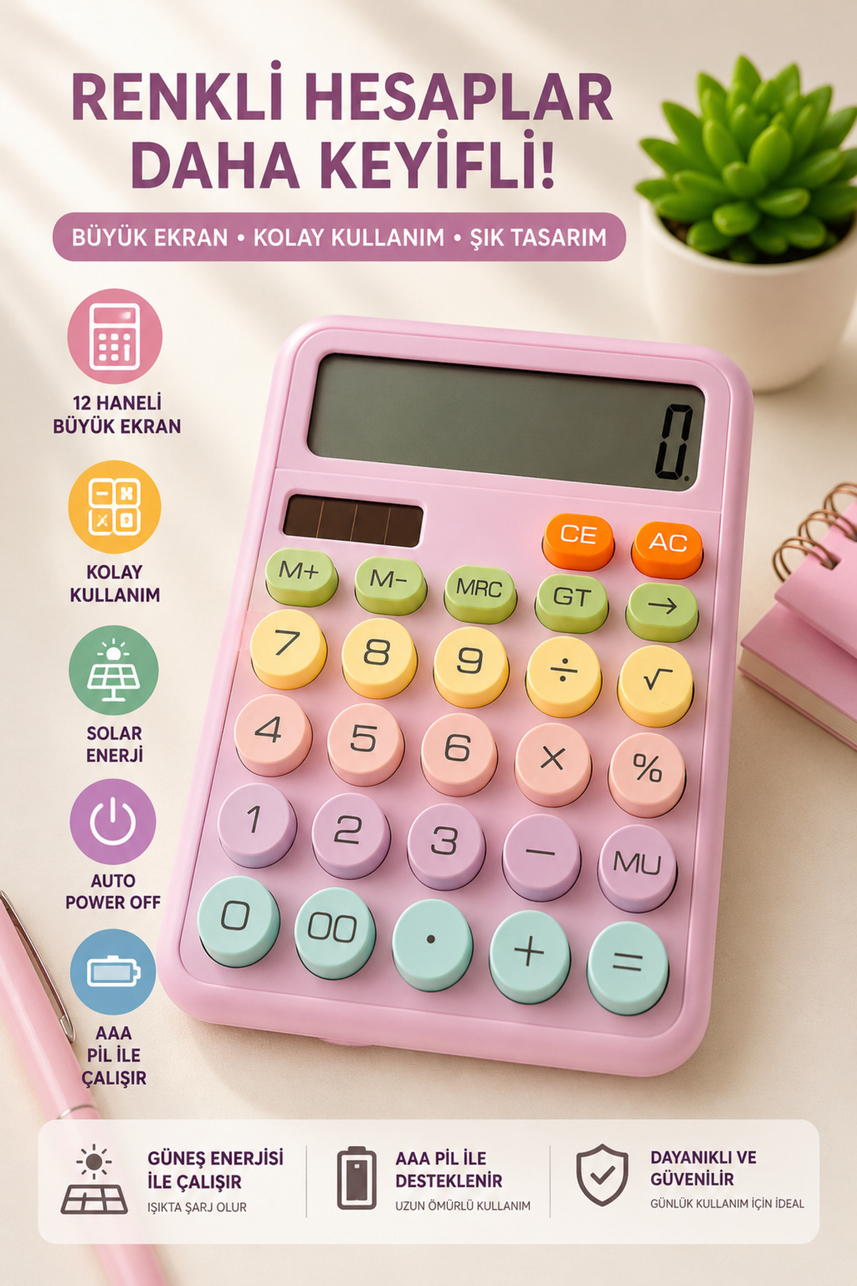 EMİLA HOME Karuida Hesap Makinesi Solar Çocuklar için Mor Renk
