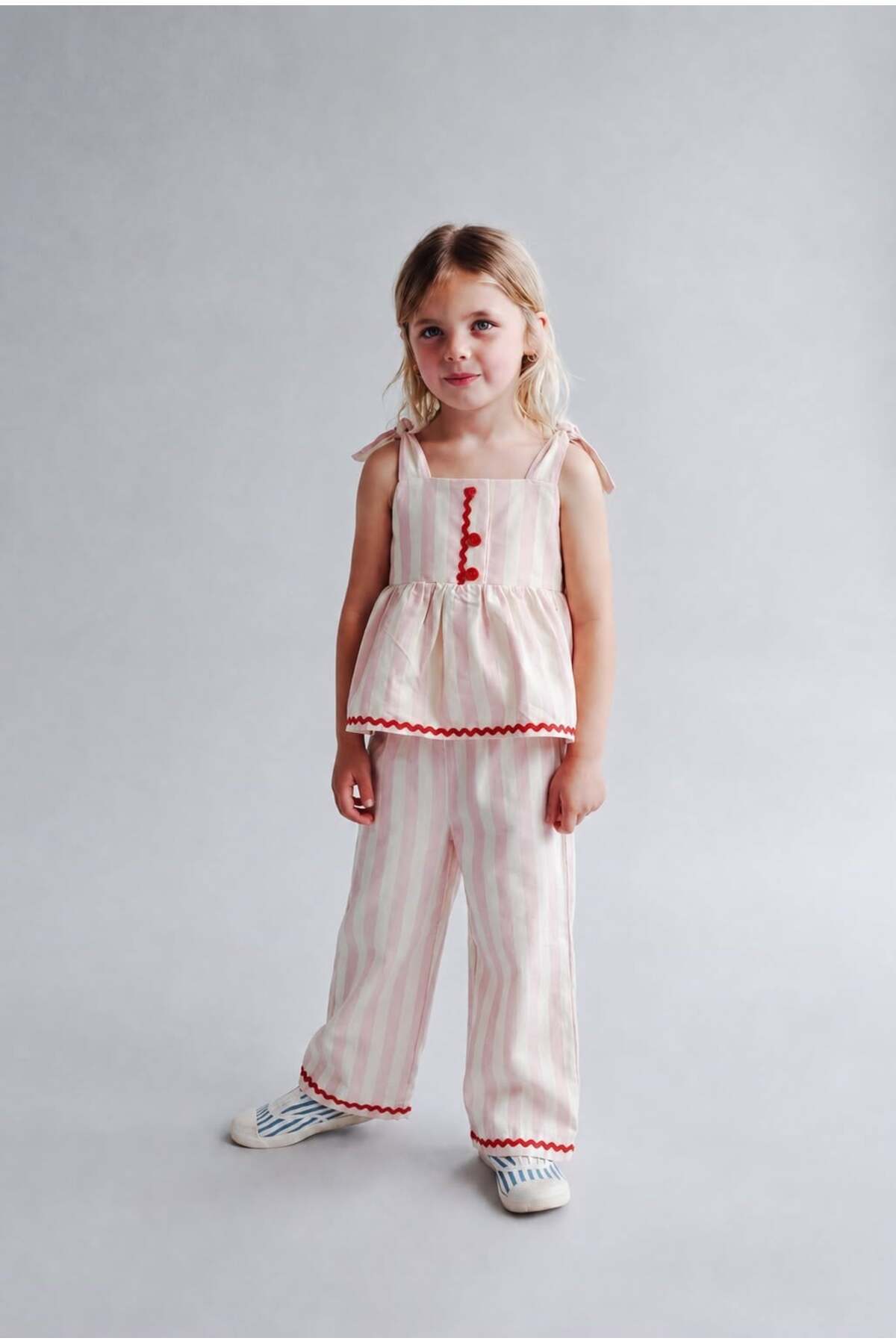 Magu Girl's Cotton Pink Striped Strap Blouse and Pants Set