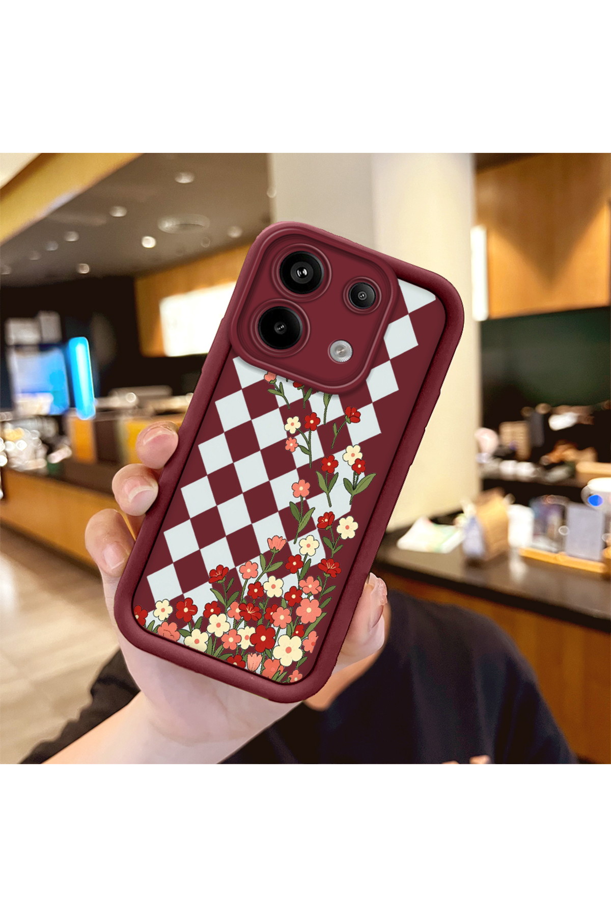 Redmi Note 13 Pro 5G Compatible Case Camera Protector Burgundy Silicone Couple Phone Case Floral Pattern