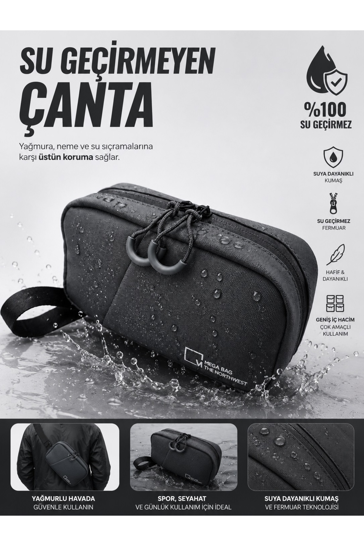 byhakan Mega 1037 Erkek El Portföyü El Çantası Clutch Çanta Traş Çantası GRİ görsel 8