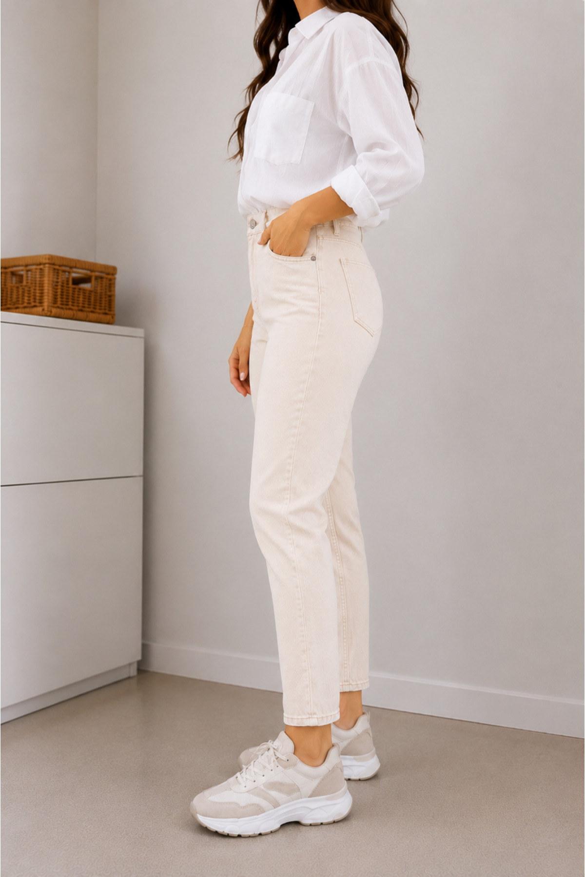 DELDNM Alley Kadın Bej Yüksek Bel Likralı Trend Mom Jean görsel 4