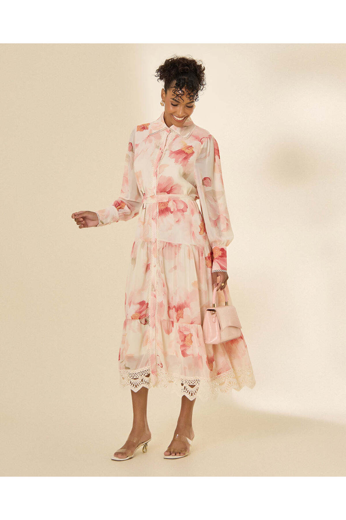 REDTAG Women Pink Floral Long Sleeve Shirt Dress