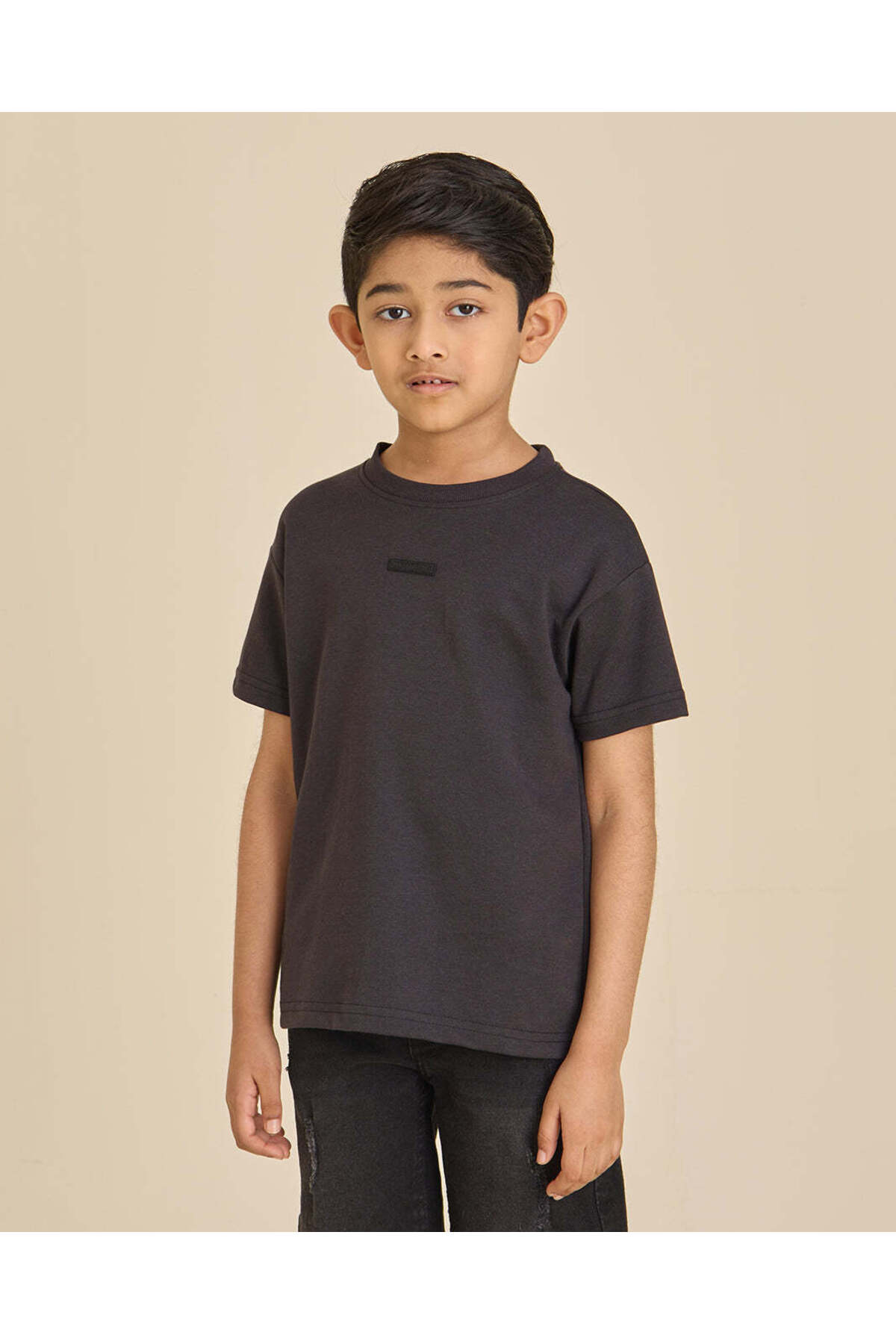 REDTAG Boys Charcoal Interlock Crew Neck T-Shirt