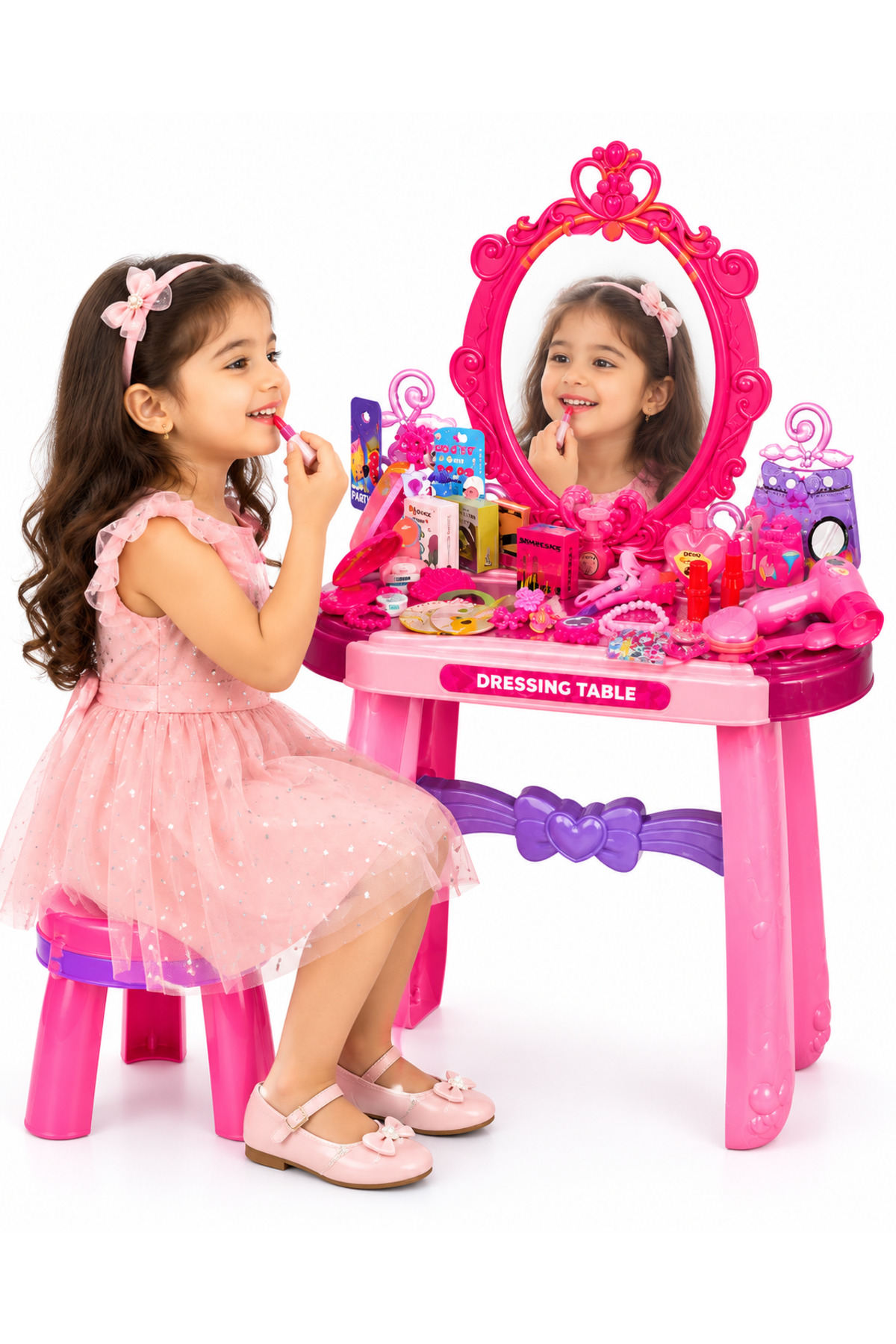 TOY LAND Kids Princess Dressing Table Vanity Play Set with Mirror, Hair Dryer, Makeup Accessories, Beauty Pretend Play Toy Set for Girls