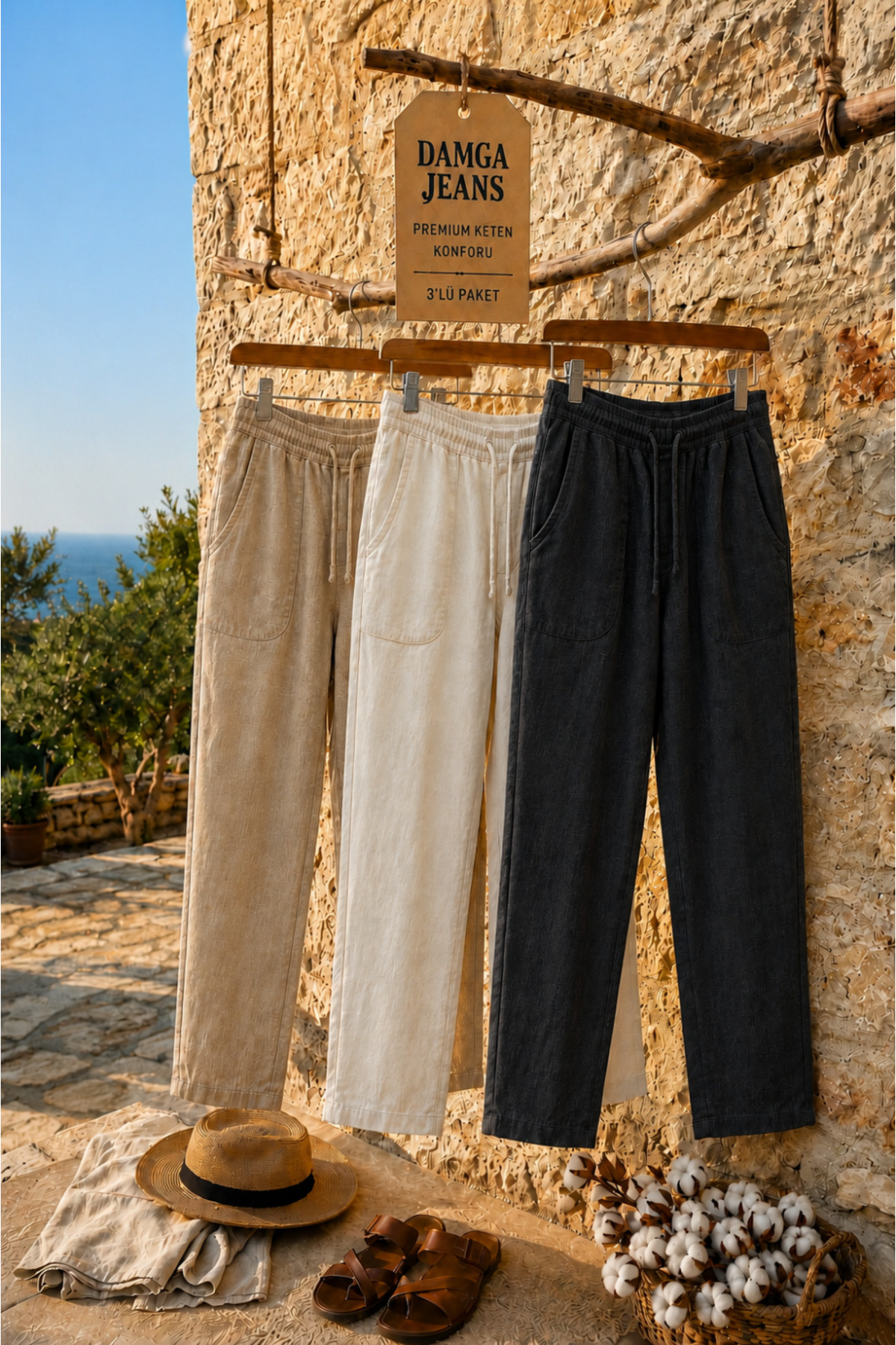 DAMGA JEANS 3 Pieces Men's Casual Summer Jogger Linen Trousers