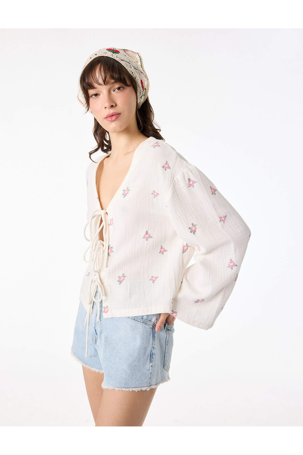 Koton Cotton Bell Sleeve Tie-Neck Floral Embroidered Blouse