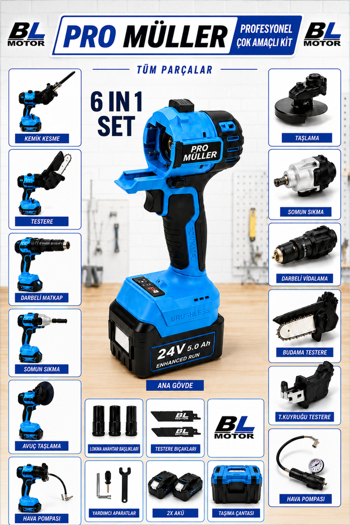 Pro Müller Alman Bl Motor 6 Kafalı Süper Set Darbeli Matkap Testere Tilki Kuyruğu Taşlama Somun Sökme Havalı Pompa