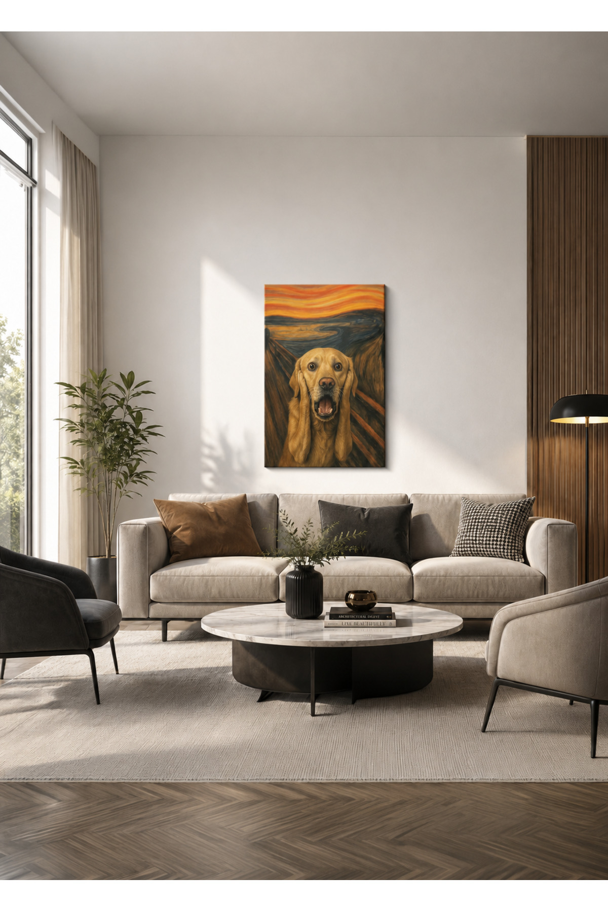MDF Tablo Çığlık Temalı Golden Retriever Köpek – Eğlenceli Ev ve Ofis Duvar Dekorasyonu