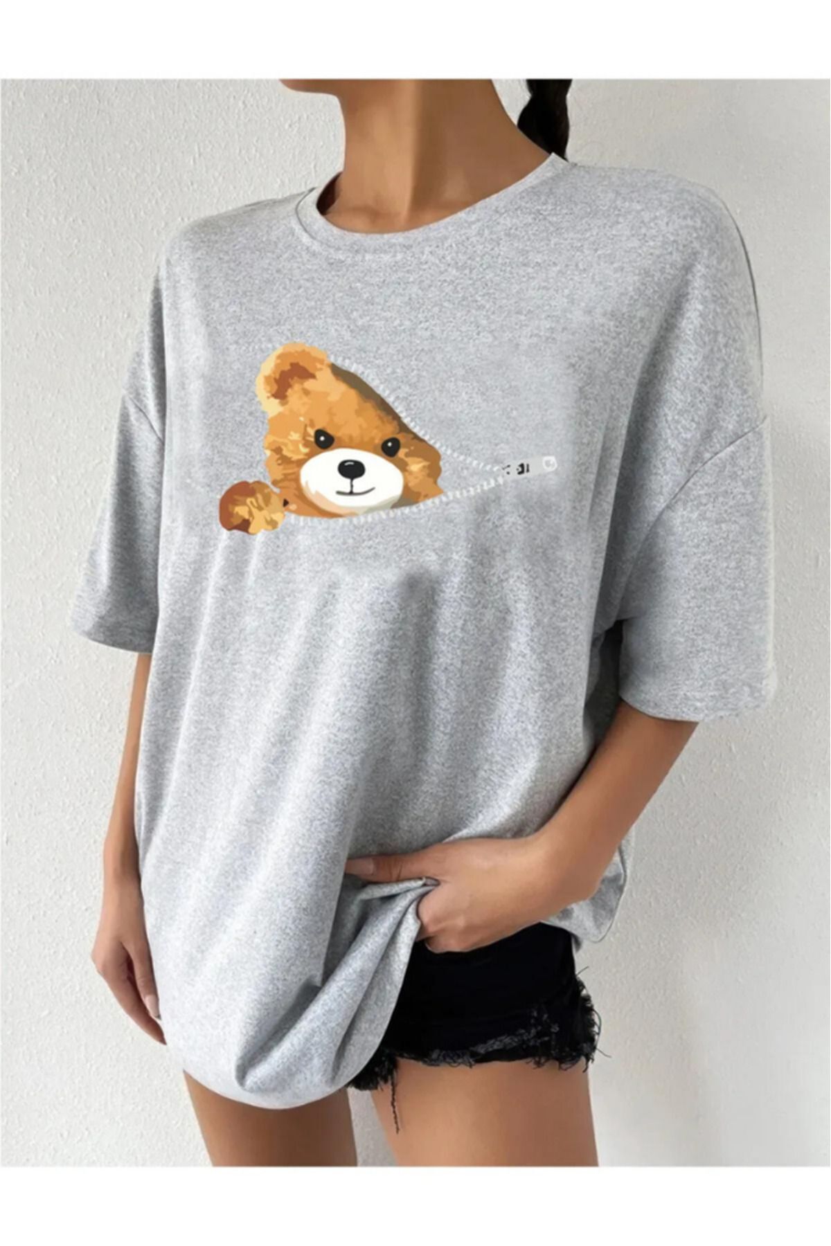 yombaa Oversize T-Shirt with Teddy Bear Printed from Pocket