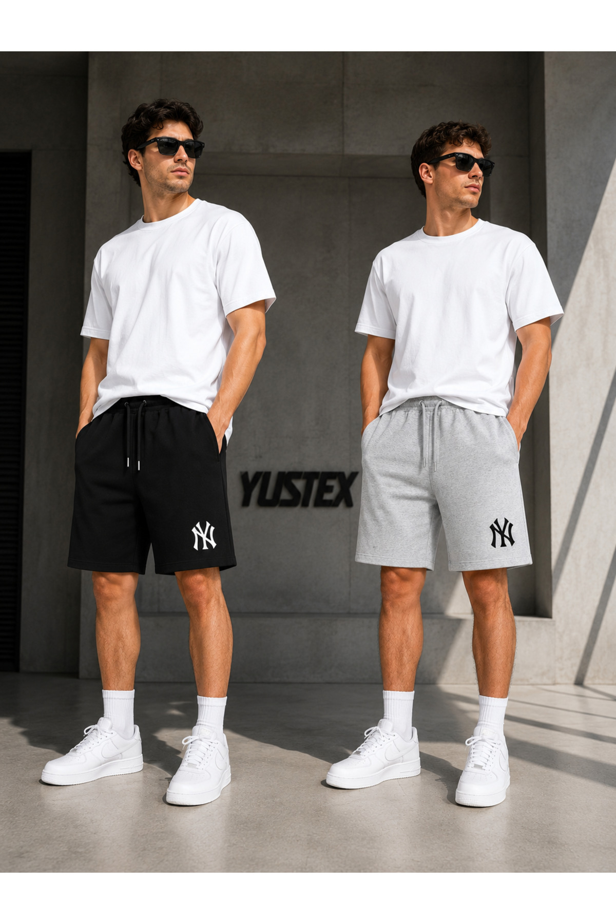 yx yustex sport 2-Piece Shorts Men's Ny Printed (Black-Grey) Basic Summer Shorts Set - Above Knee Comfortable Fit 2-Piece Economic Package