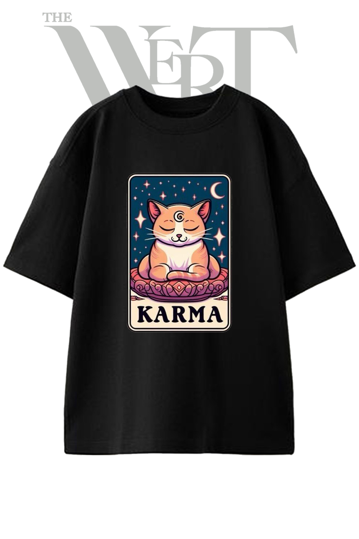 THEWERT Karma Cat Design Printed Unisex Black Oversize T-Shirt