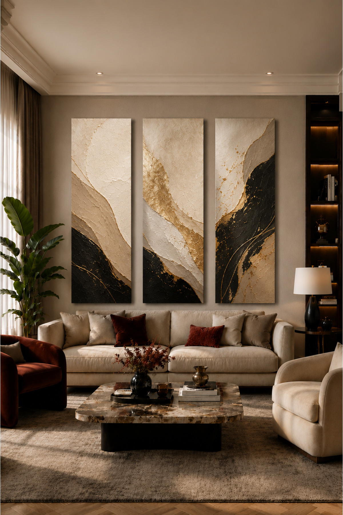 3 Parça MDF Siyah Gold Soyut Tablo Seti Modern Salon Duvar Dekoru