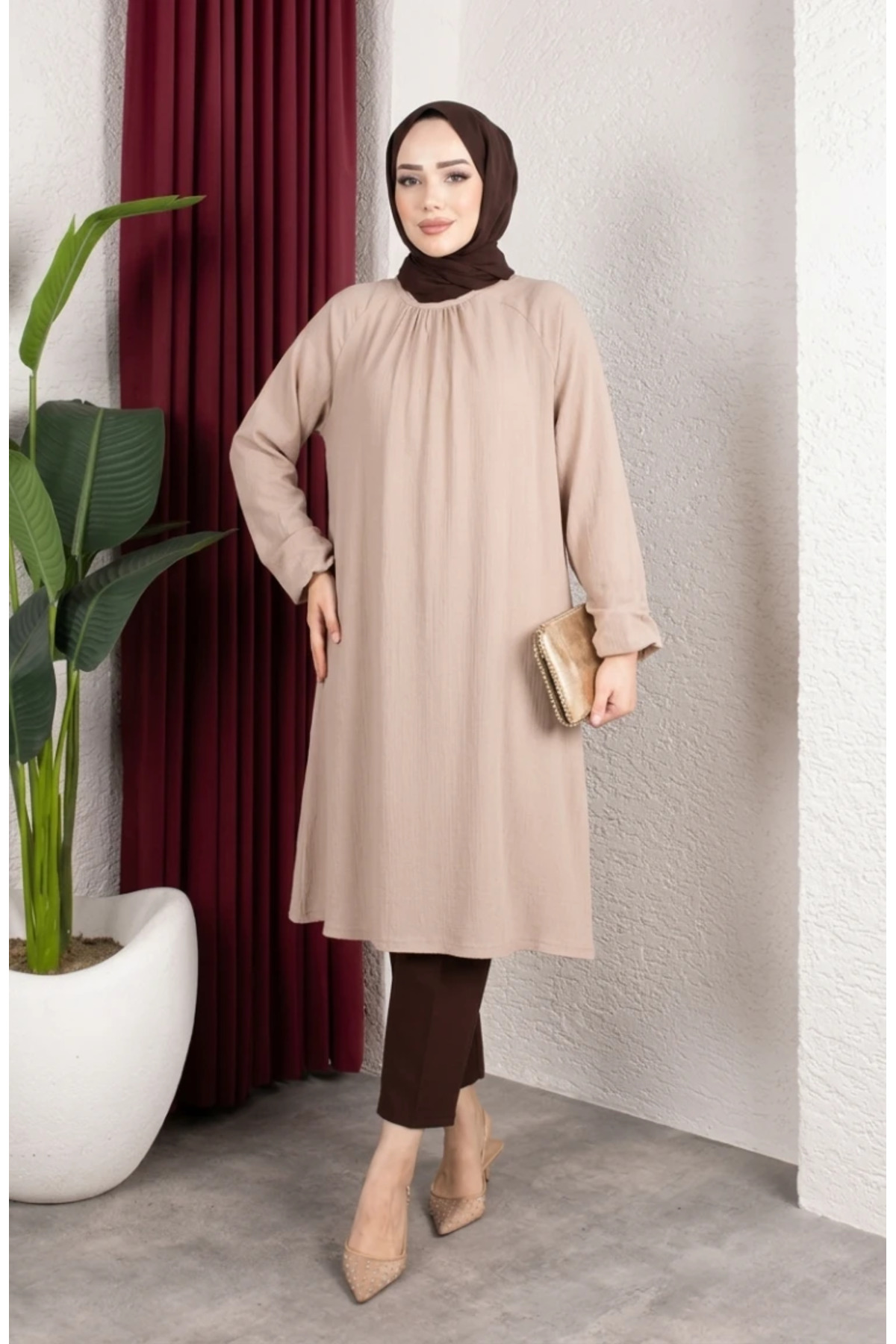 sefamerve Bürümcük Kumaş Reglan Kol Uzun Tunik 0902-06 Bej